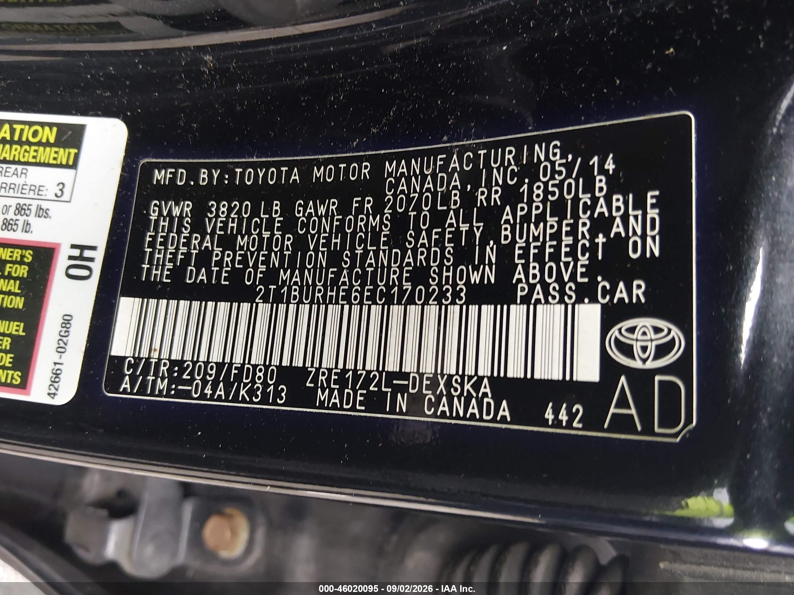 2014 Toyota Corolla S Plus Black vin: 2T1BURHE6EC170233