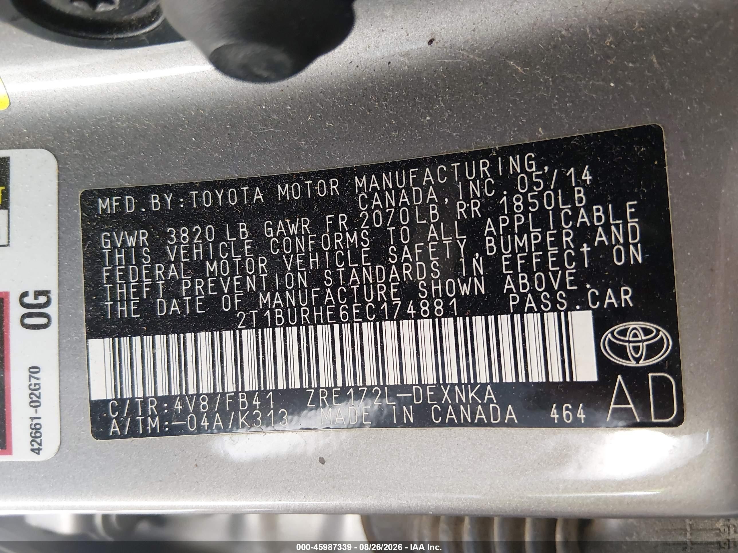 2014 Toyota Corolla Le Silver vin: 2T1BURHE6EC174881