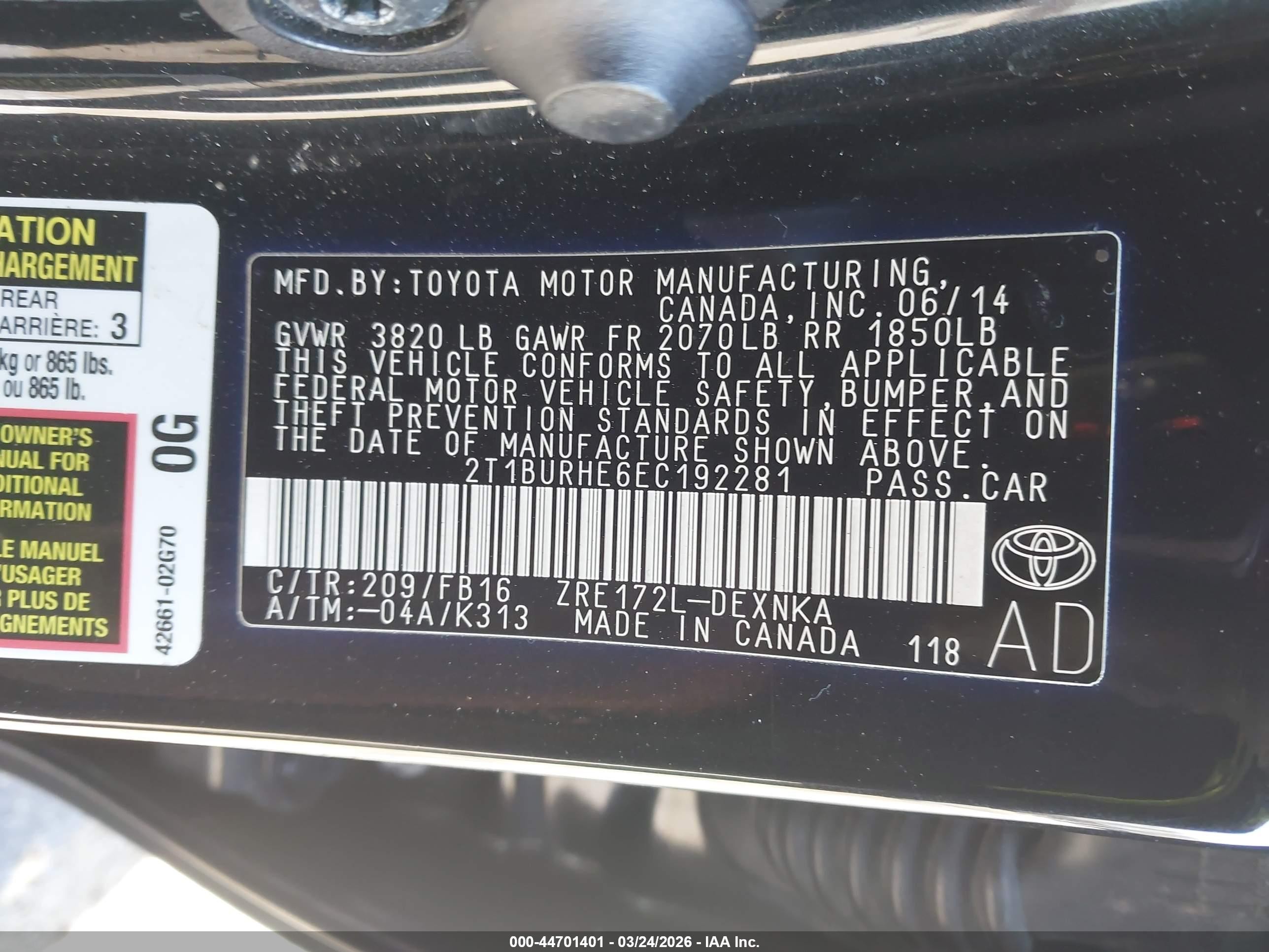 2014 Toyota Corolla Le Black vin: 2T1BURHE6EC192281