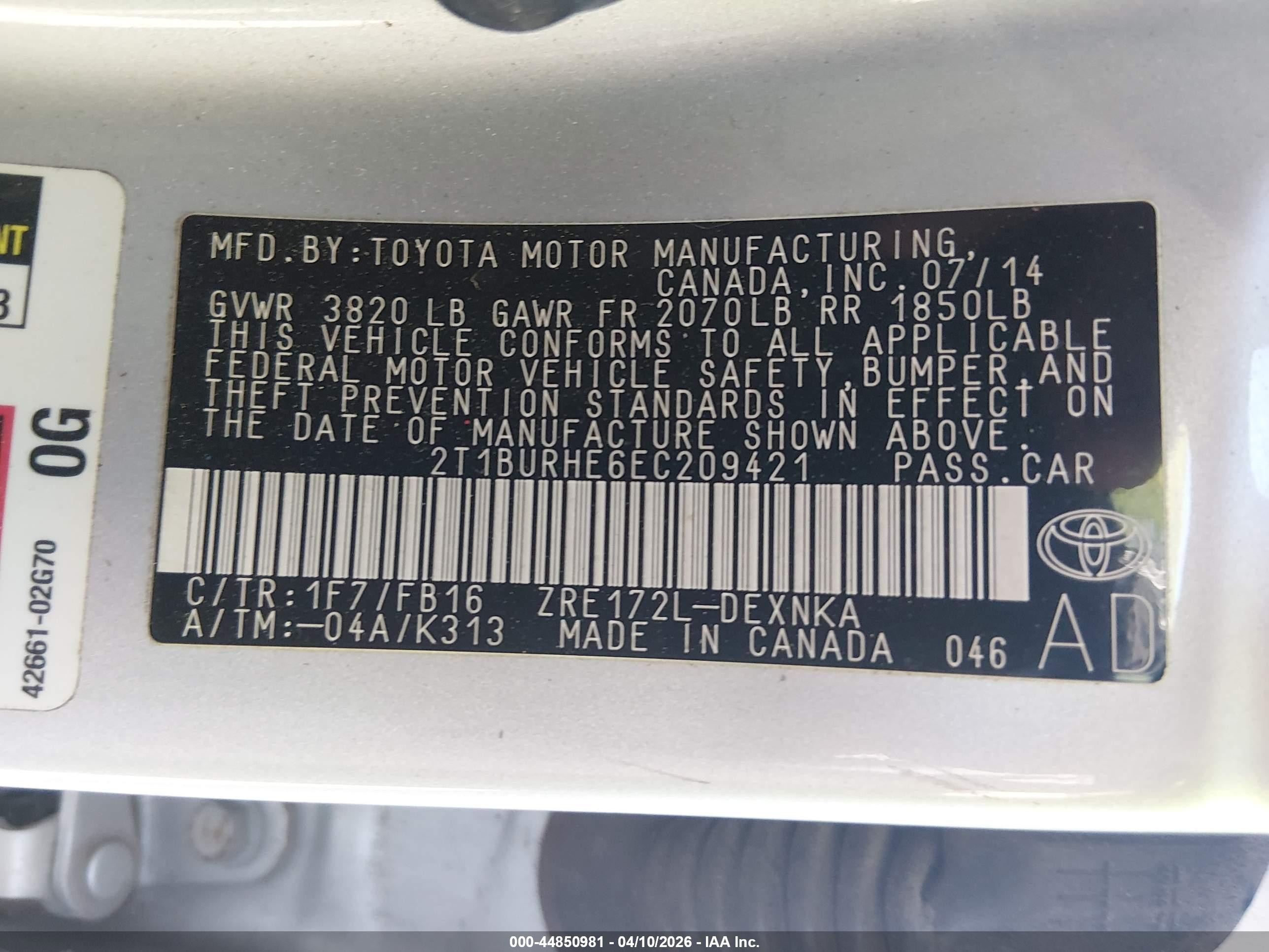 2014 Toyota Corolla Le Белый vin: 2T1BURHE6EC209421