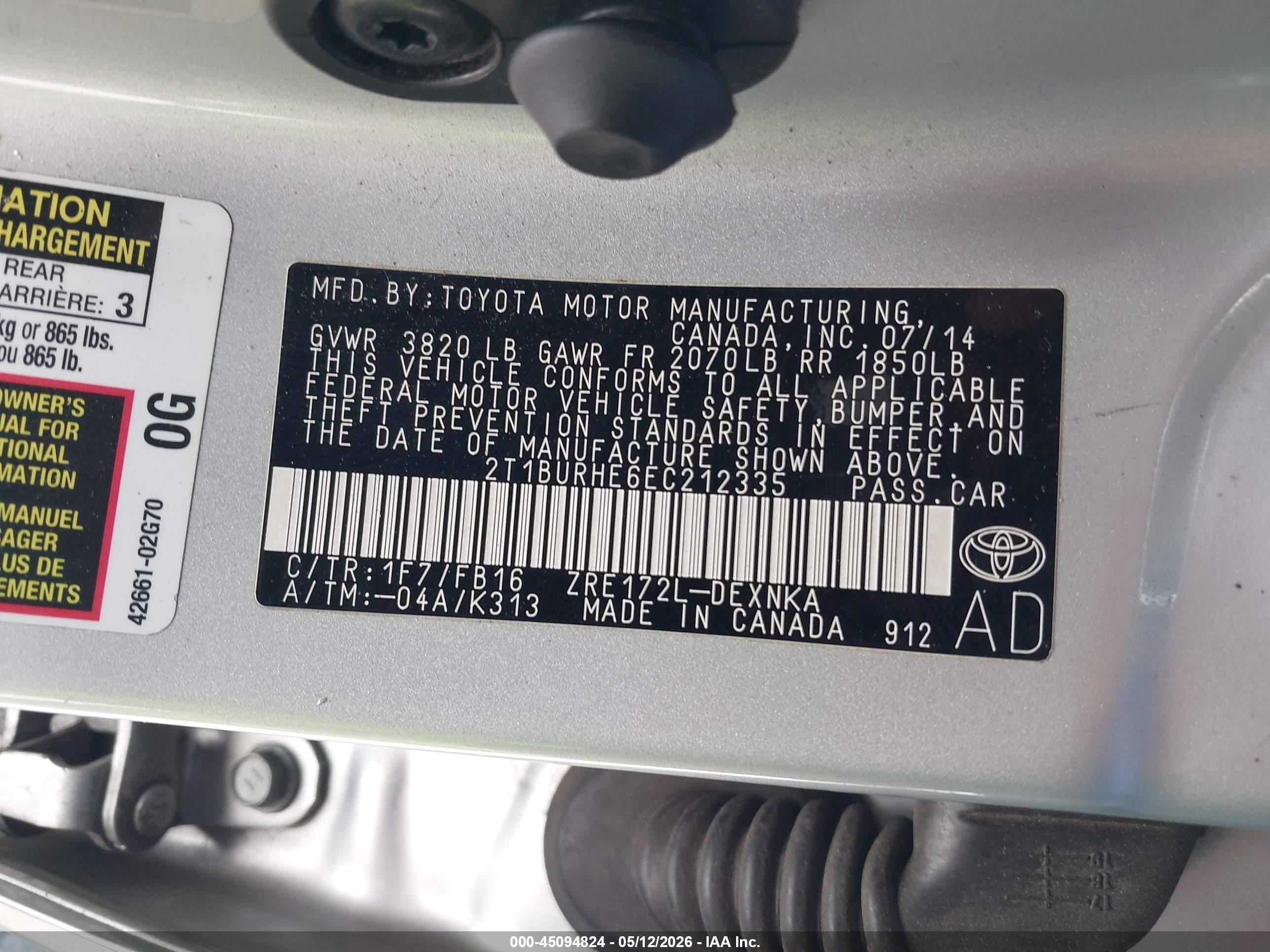 2014 Toyota Corolla Le Silver vin: 2T1BURHE6EC212335