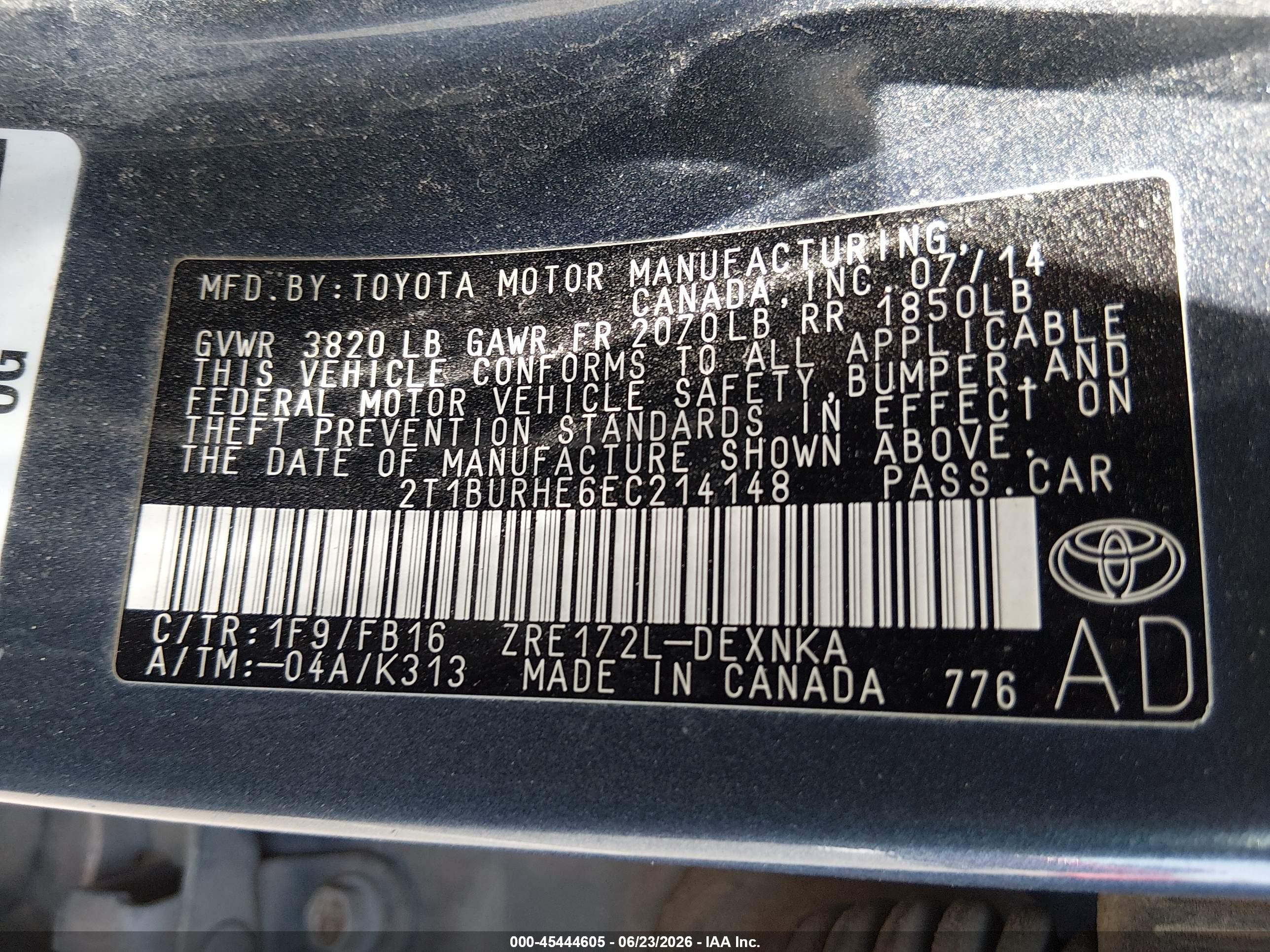 2014 Toyota Corolla Le Gray vin: 2T1BURHE6EC214148