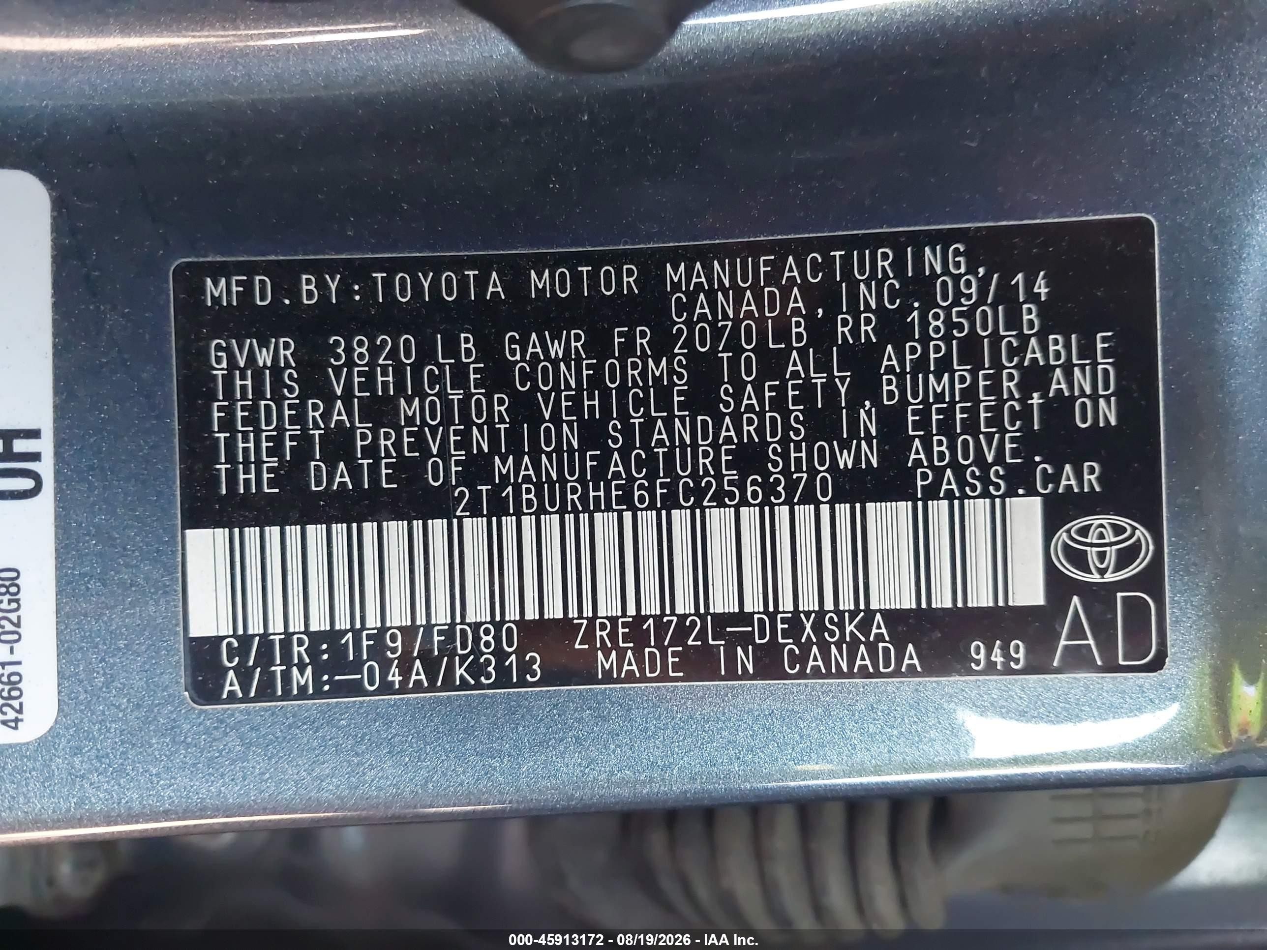 2015 Toyota Corolla S Plus Gray vin: 2T1BURHE6FC256370
