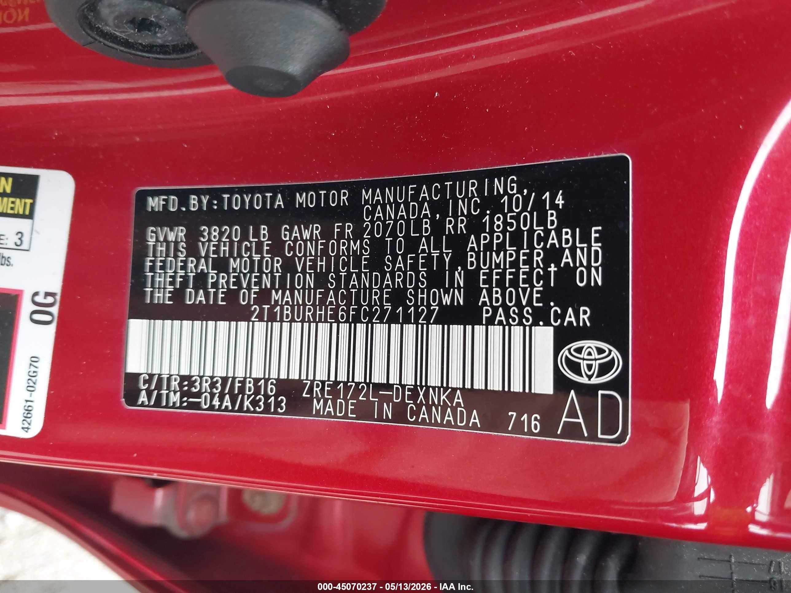 2015 Toyota Corolla Le Red vin: 2T1BURHE6FC271127