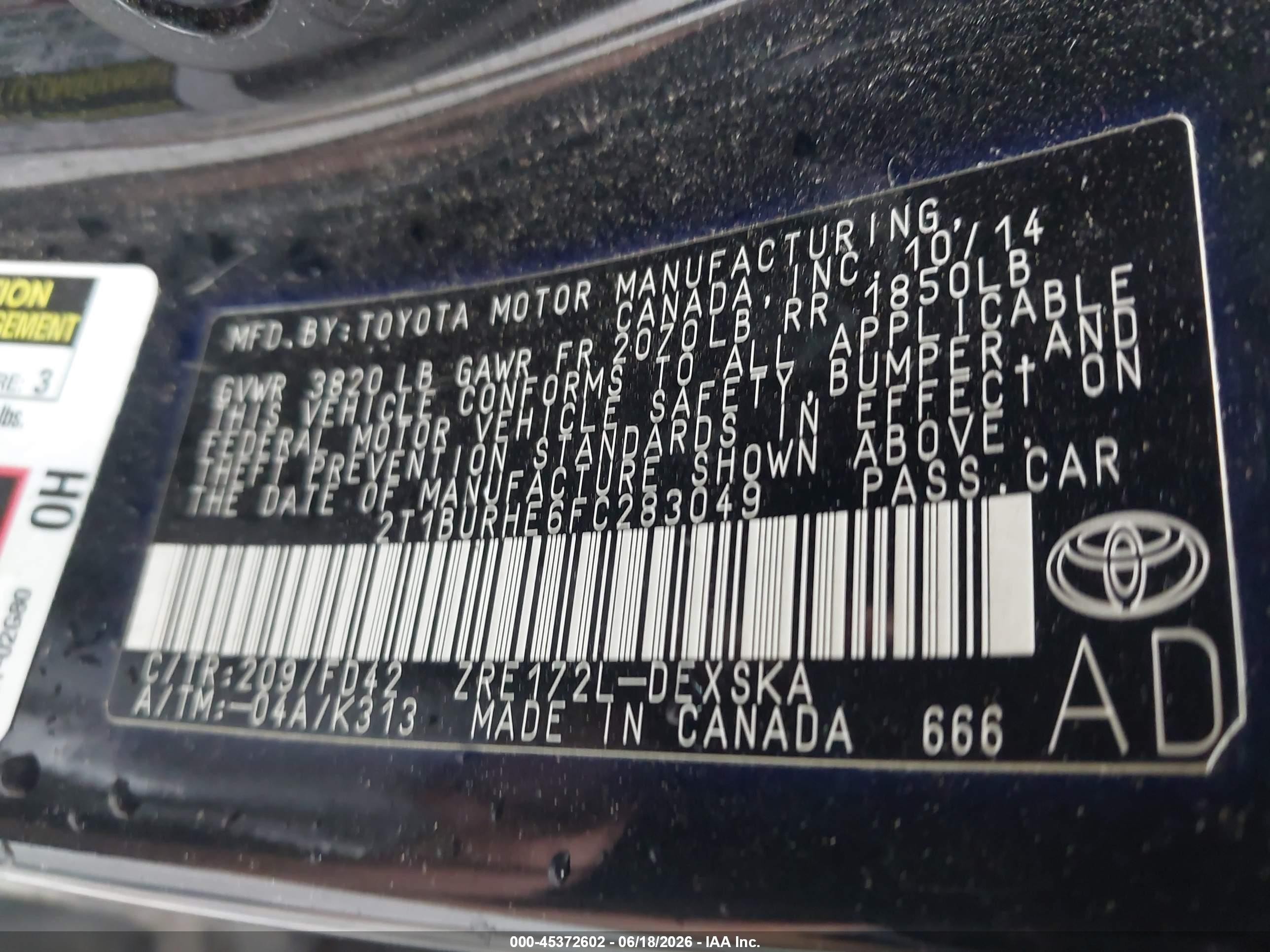 2015 Toyota Corolla S Plus Black vin: 2T1BURHE6FC283049