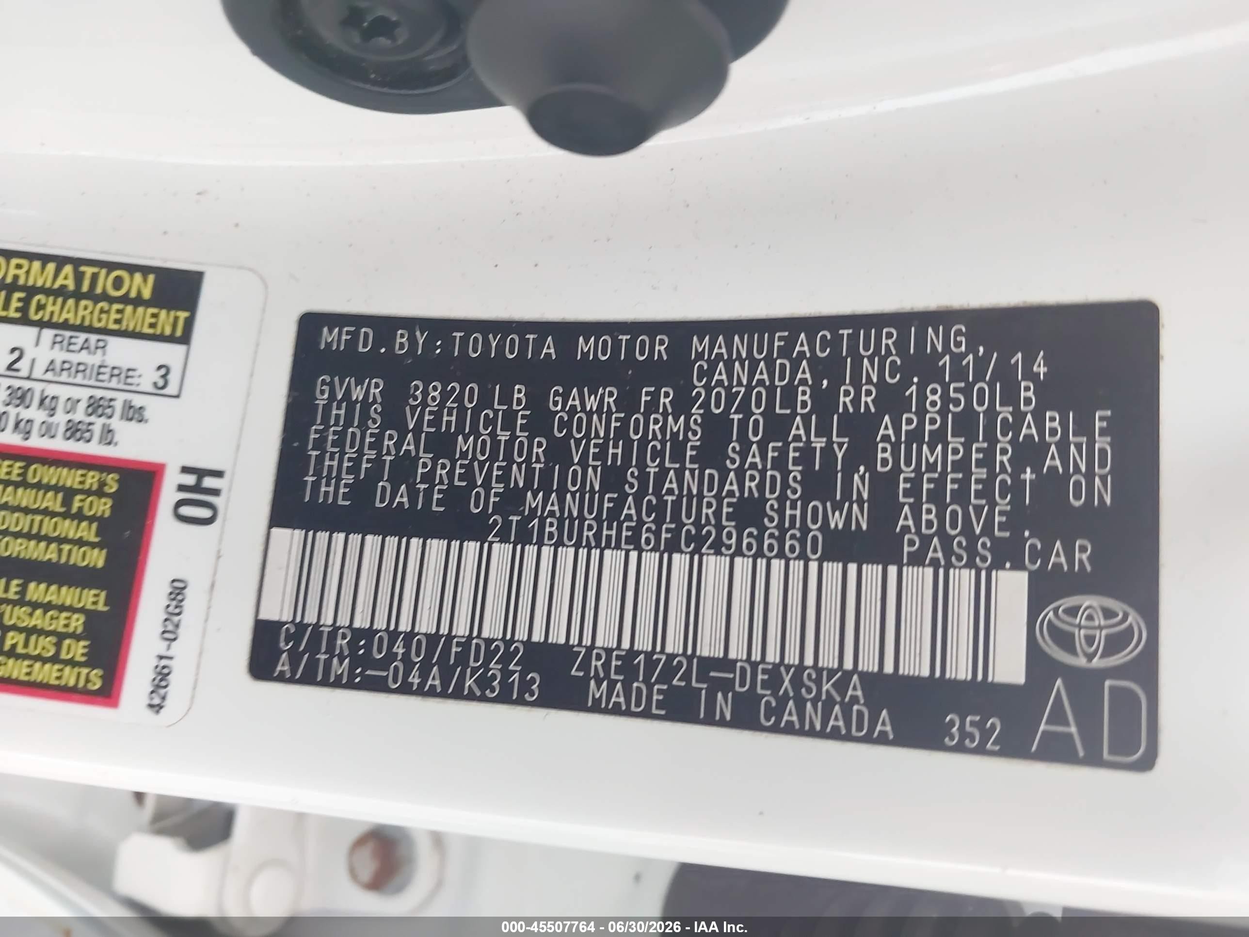 2015 Toyota Corolla S Plus White vin: 2T1BURHE6FC296660