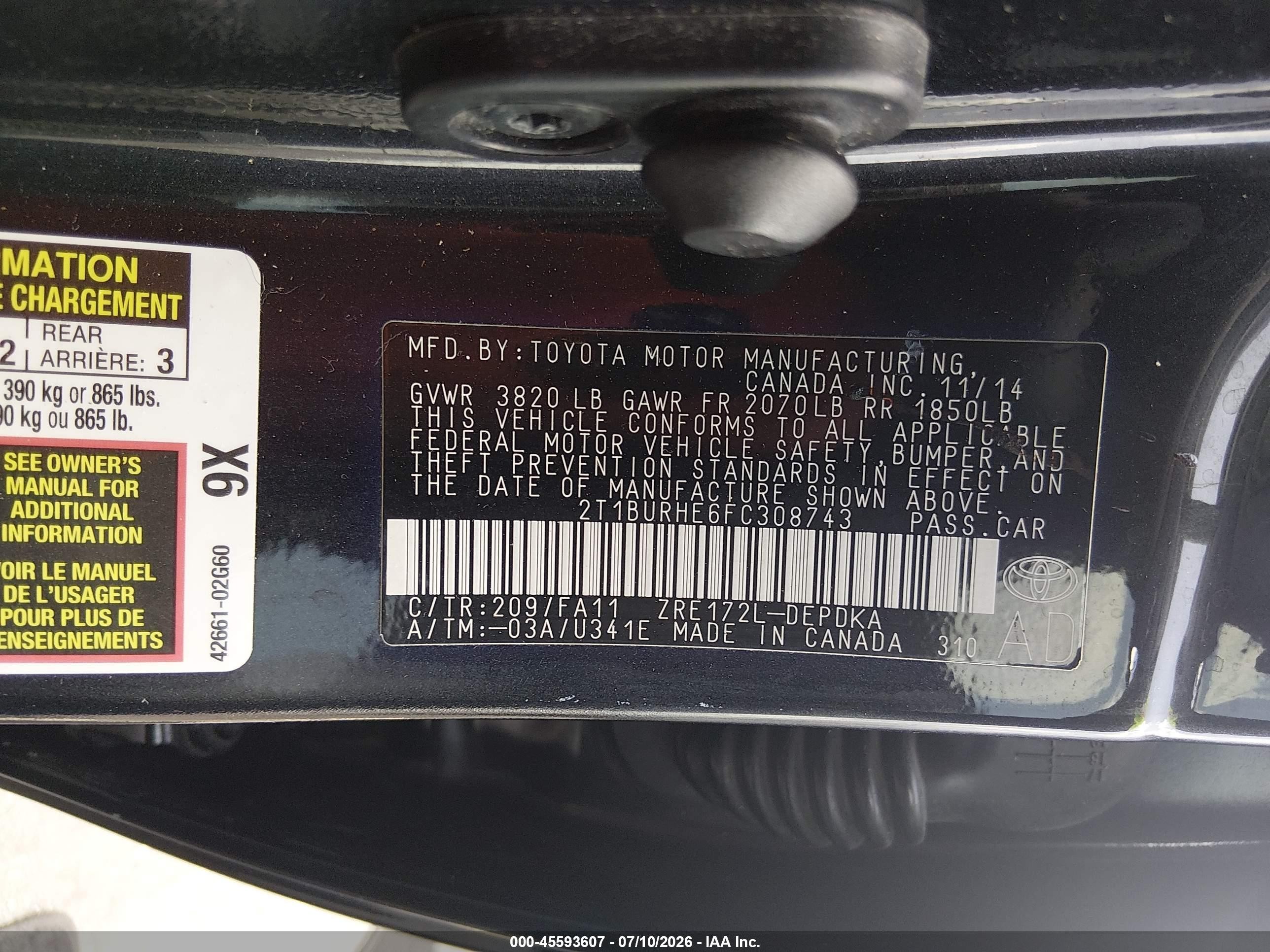 2015 Toyota Corolla L Black vin: 2T1BURHE6FC308743