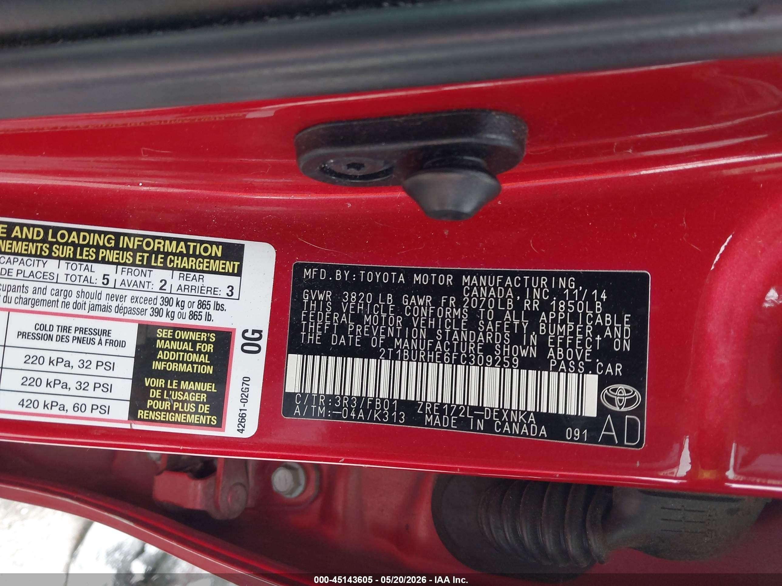 2015 Toyota Corolla Le Plus Red vin: 2T1BURHE6FC309259