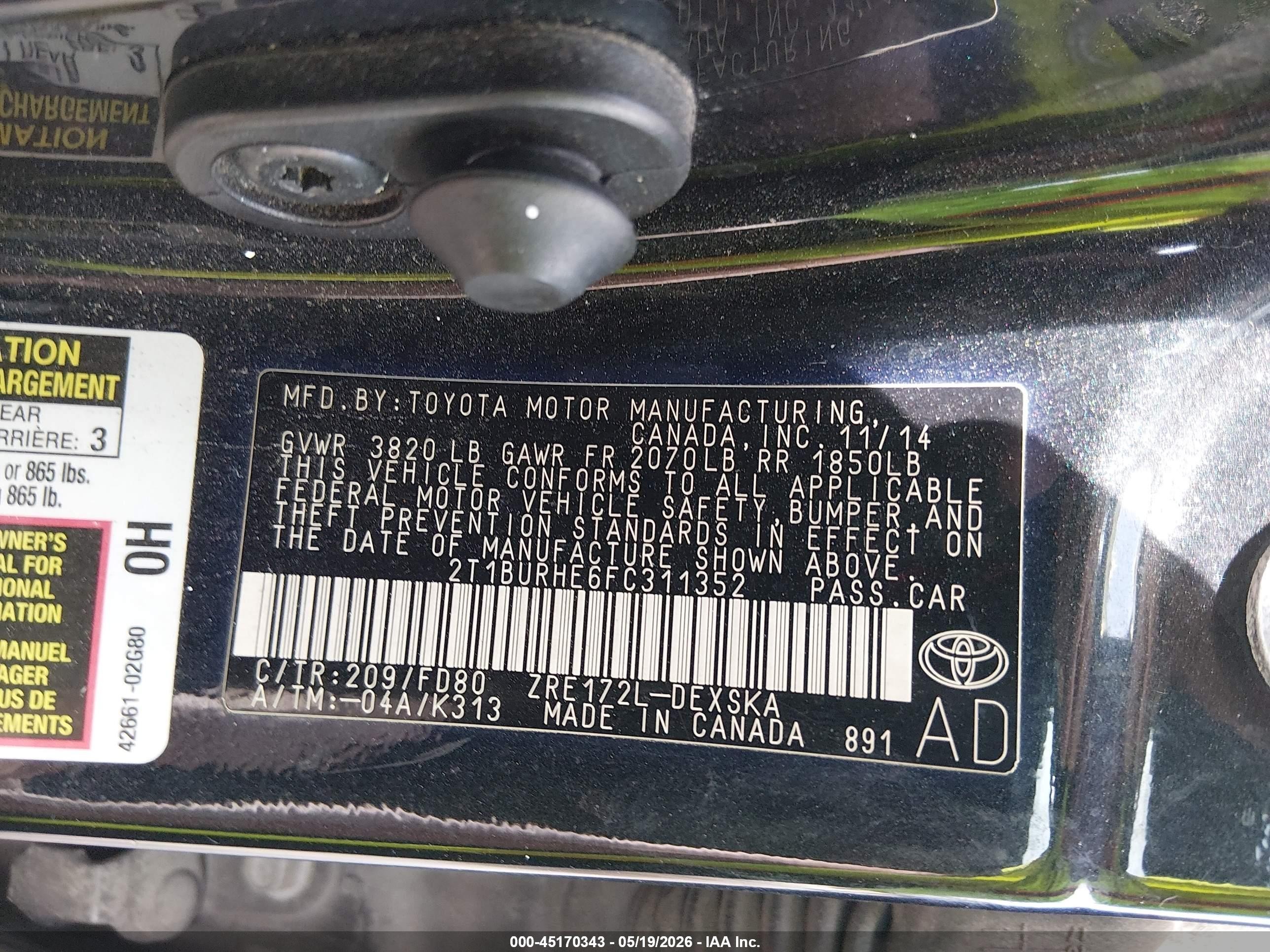 2015 Toyota Corolla S Plus Black vin: 2T1BURHE6FC311352