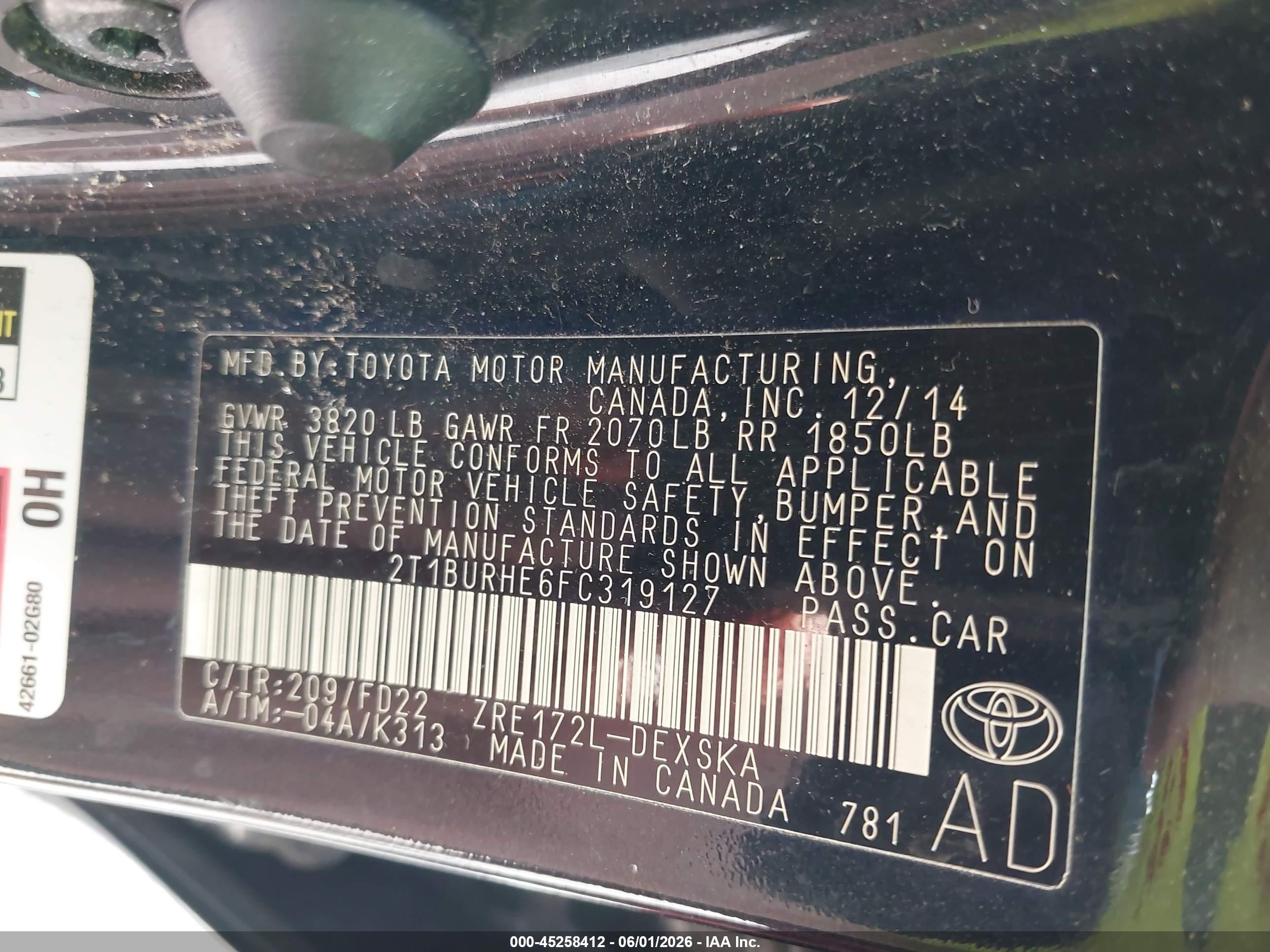 2015 Toyota Corolla S Plus Black vin: 2T1BURHE6FC319127