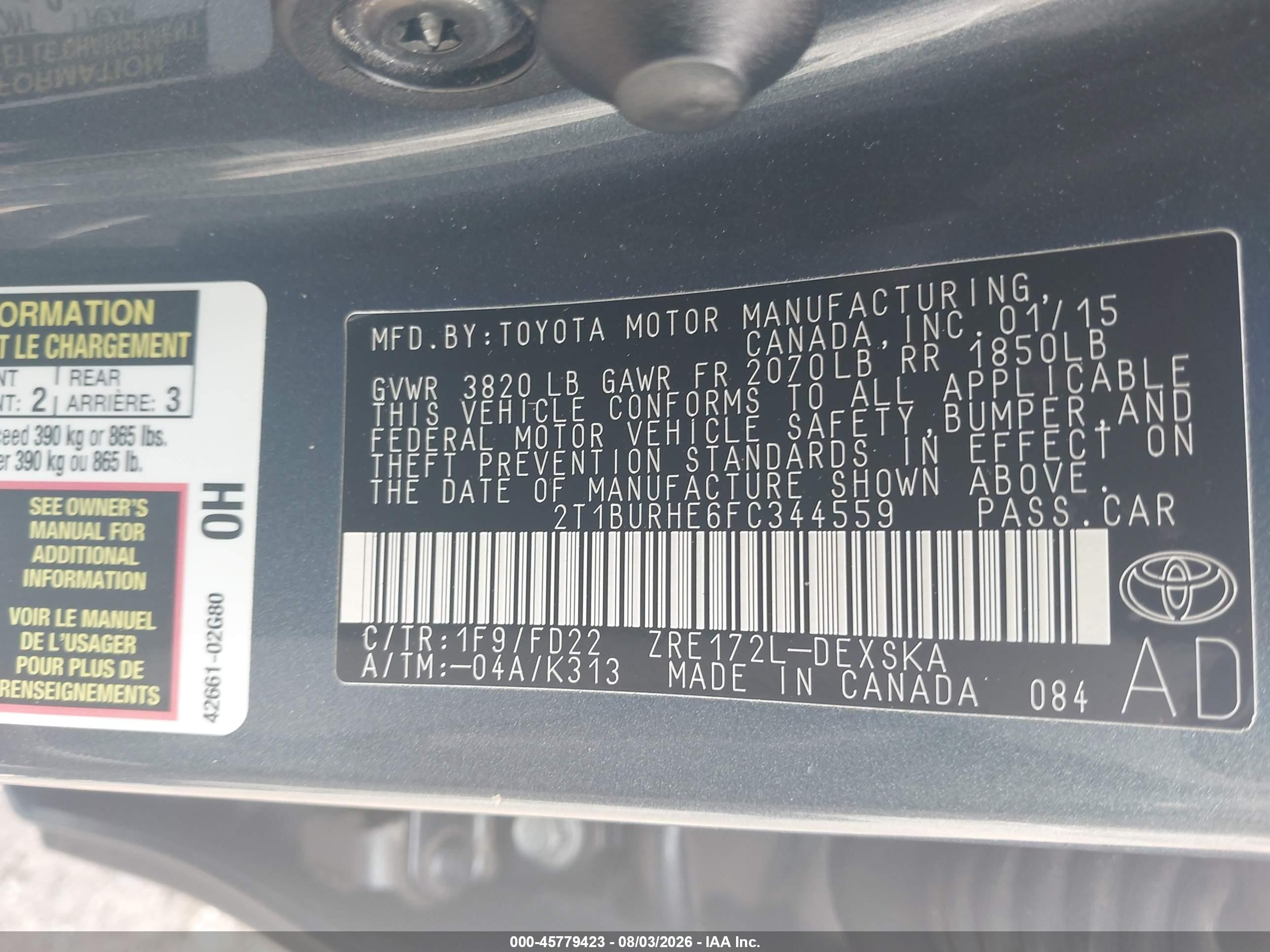 2015 Toyota Corolla S Plus Blue vin: 2T1BURHE6FC344559
