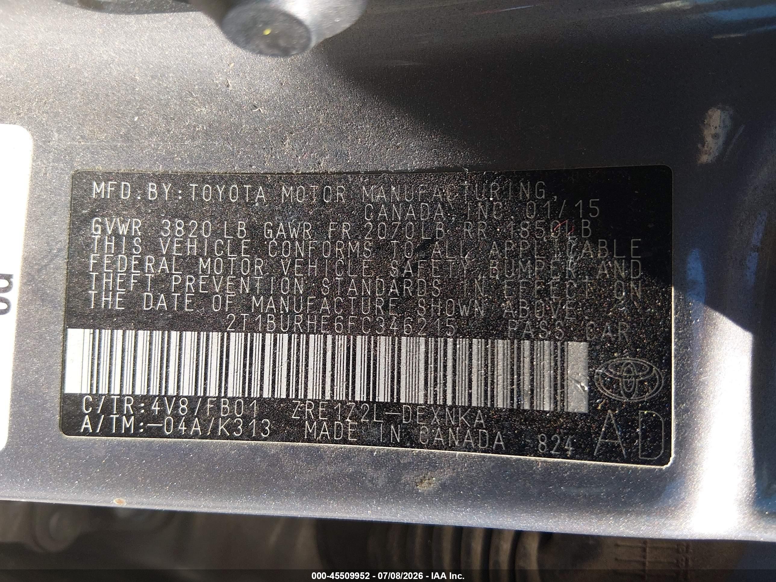 2015 Toyota Corolla Le Gray vin: 2T1BURHE6FC346215