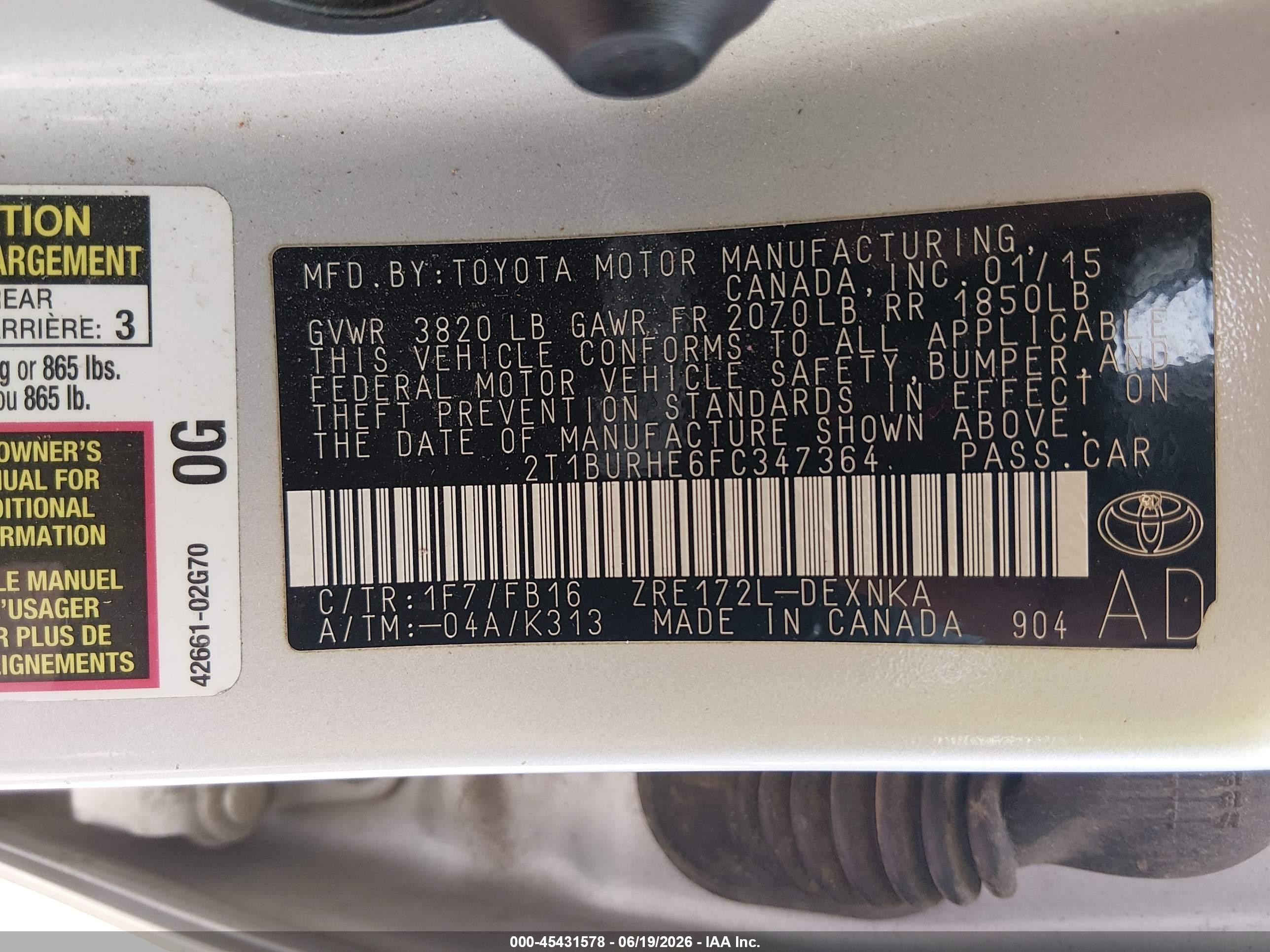 2015 Toyota Corolla Le Silver vin: 2T1BURHE6FC347364