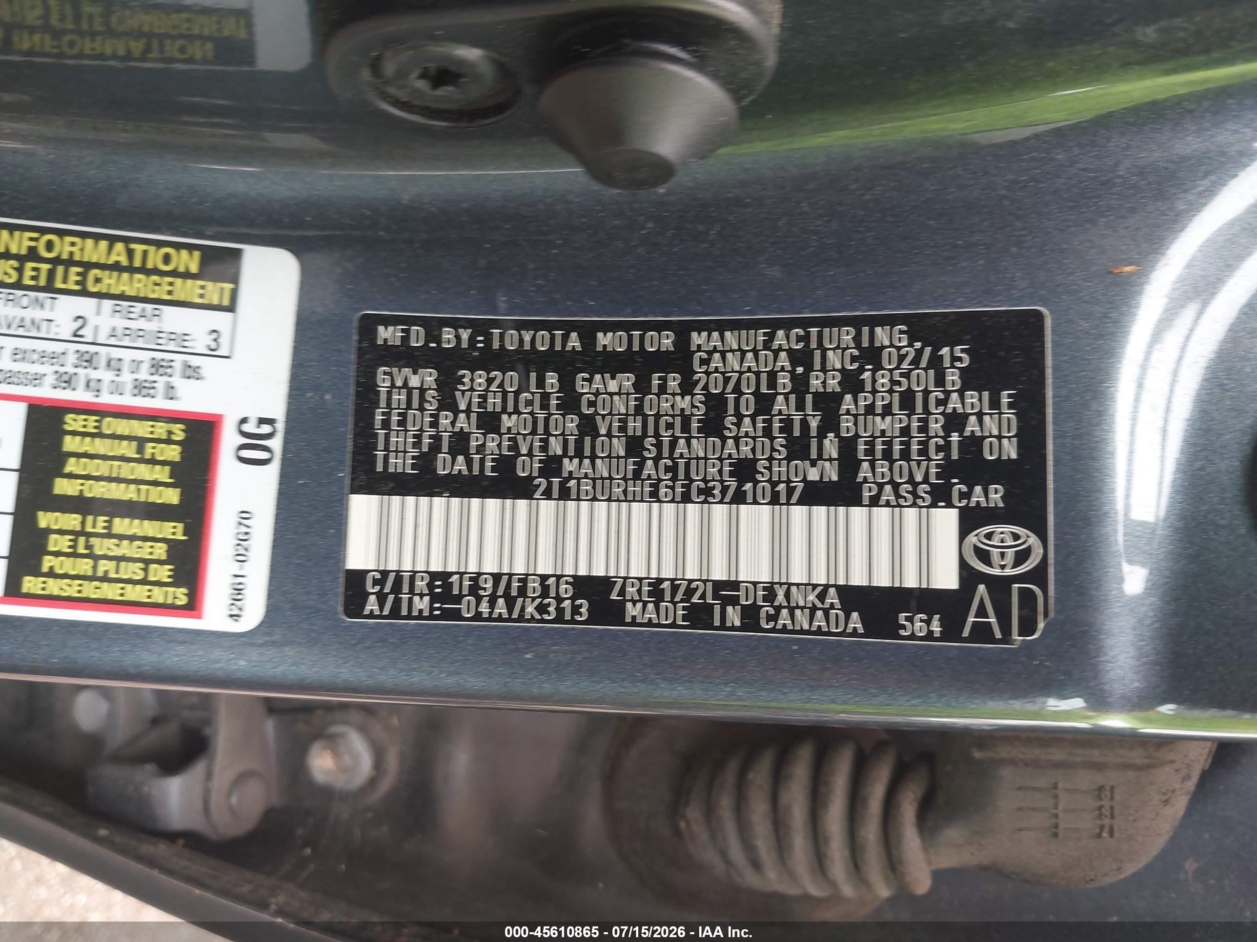 2015 Toyota Corolla Le Синий vin: 2T1BURHE6FC371017