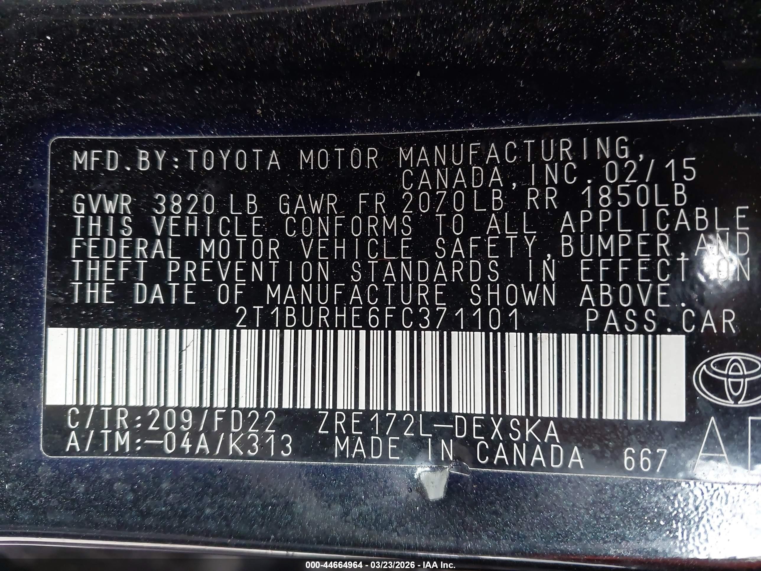 2015 Toyota Corolla S Plus Black vin: 2T1BURHE6FC371101