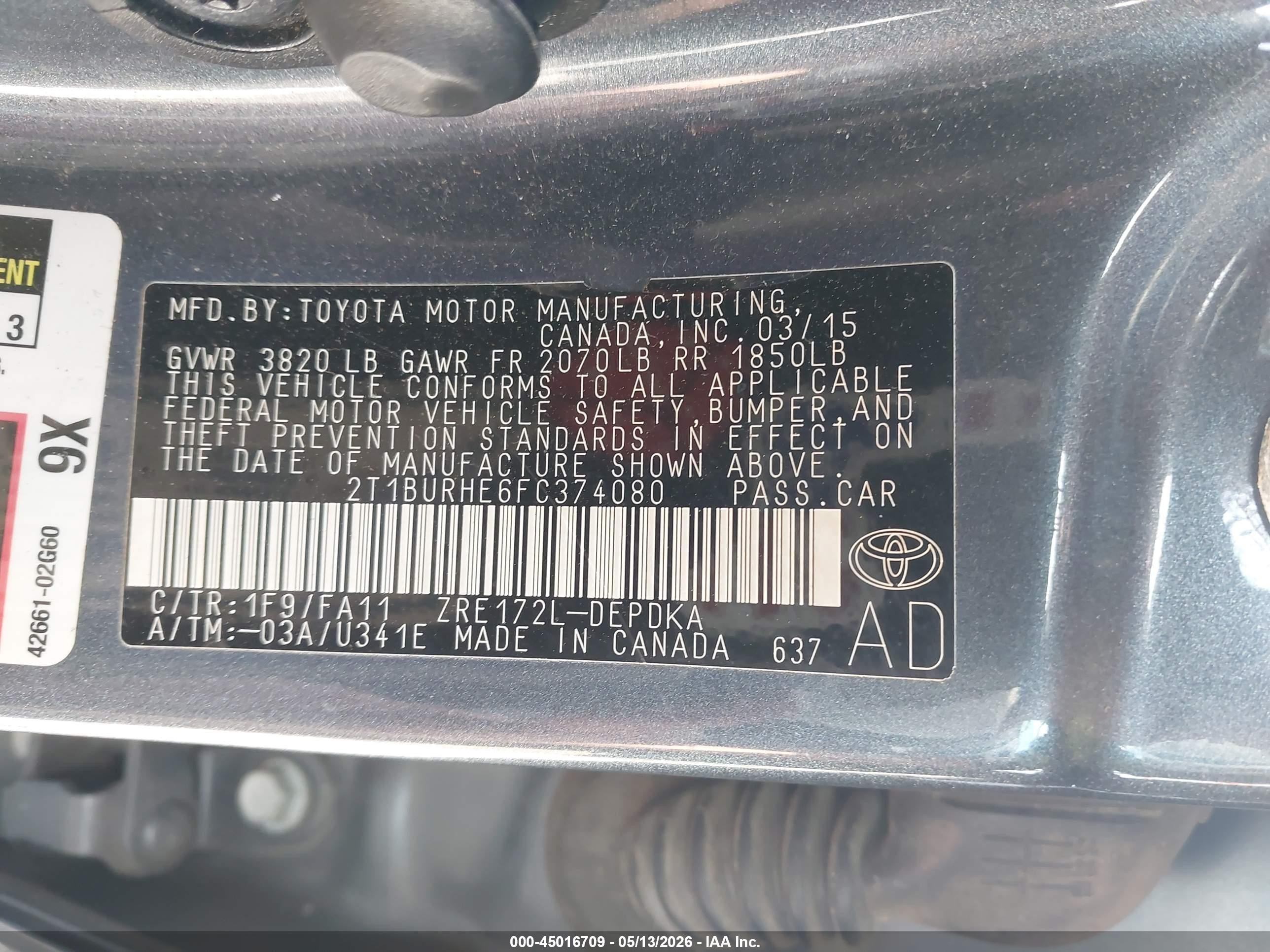 2015 Toyota Corolla L Gray vin: 2T1BURHE6FC374080