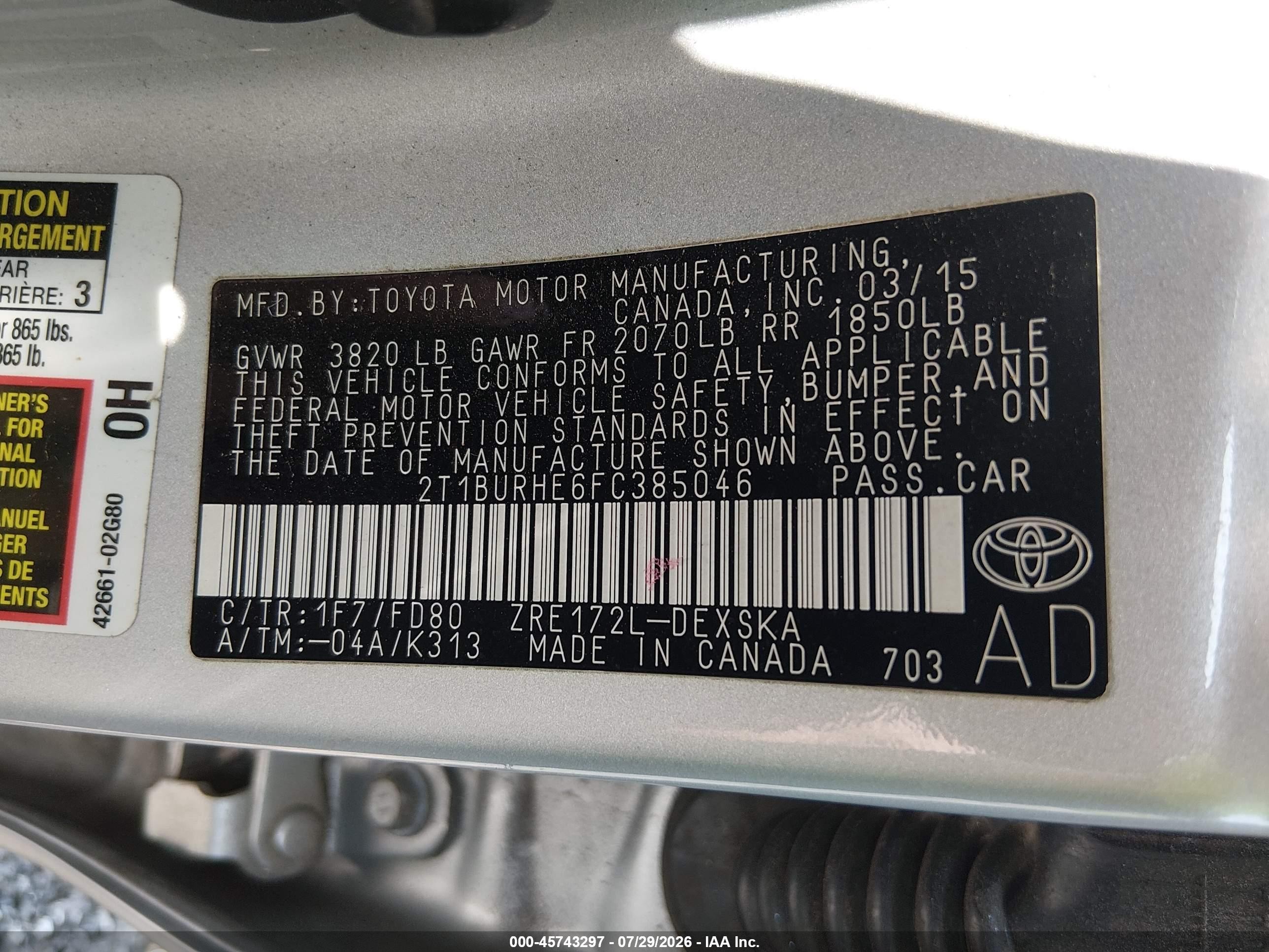 2015 Toyota Corolla S Plus Silver vin: 2T1BURHE6FC385046