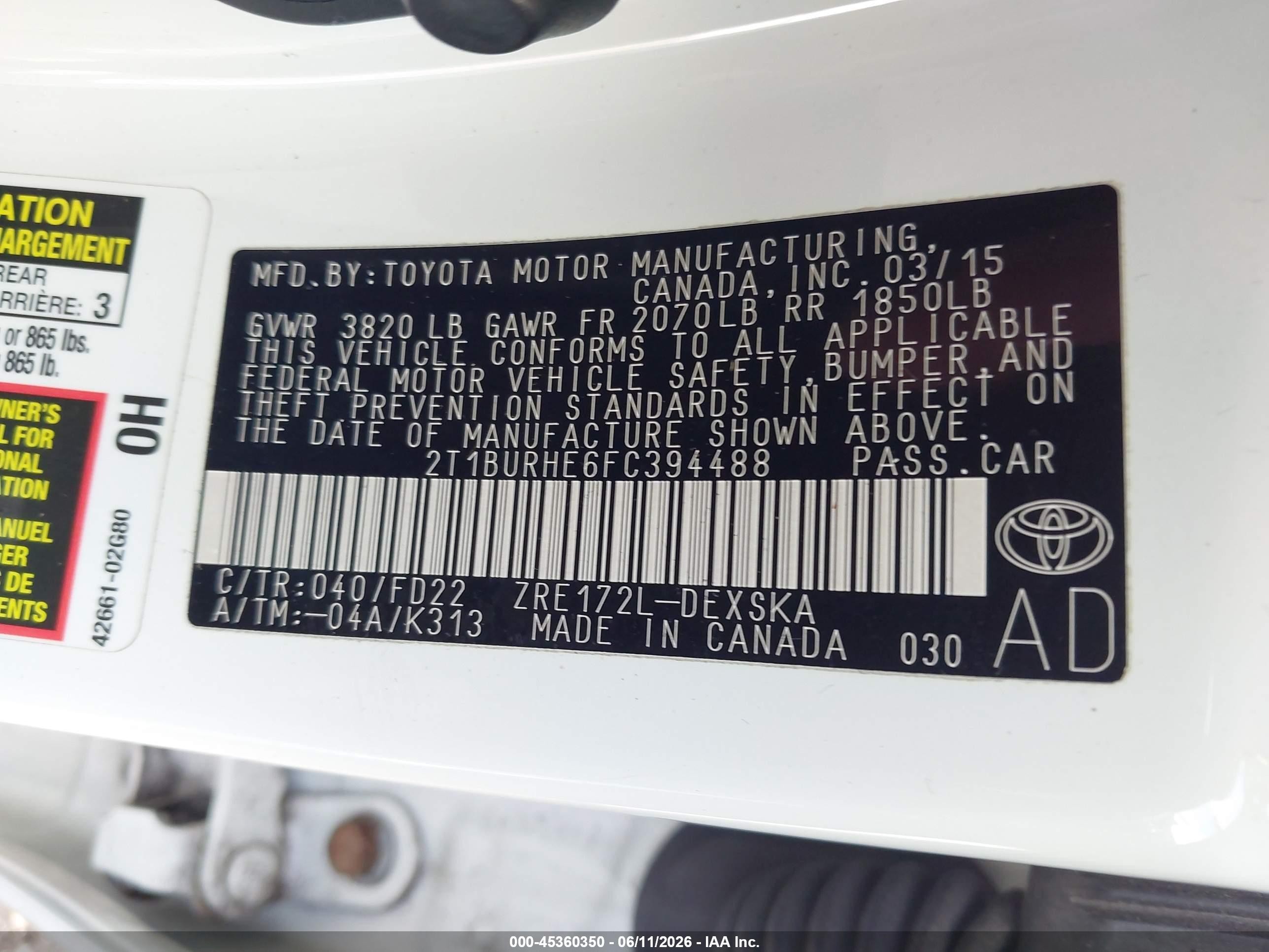 2015 Toyota Corolla S Plus Белый vin: 2T1BURHE6FC394488