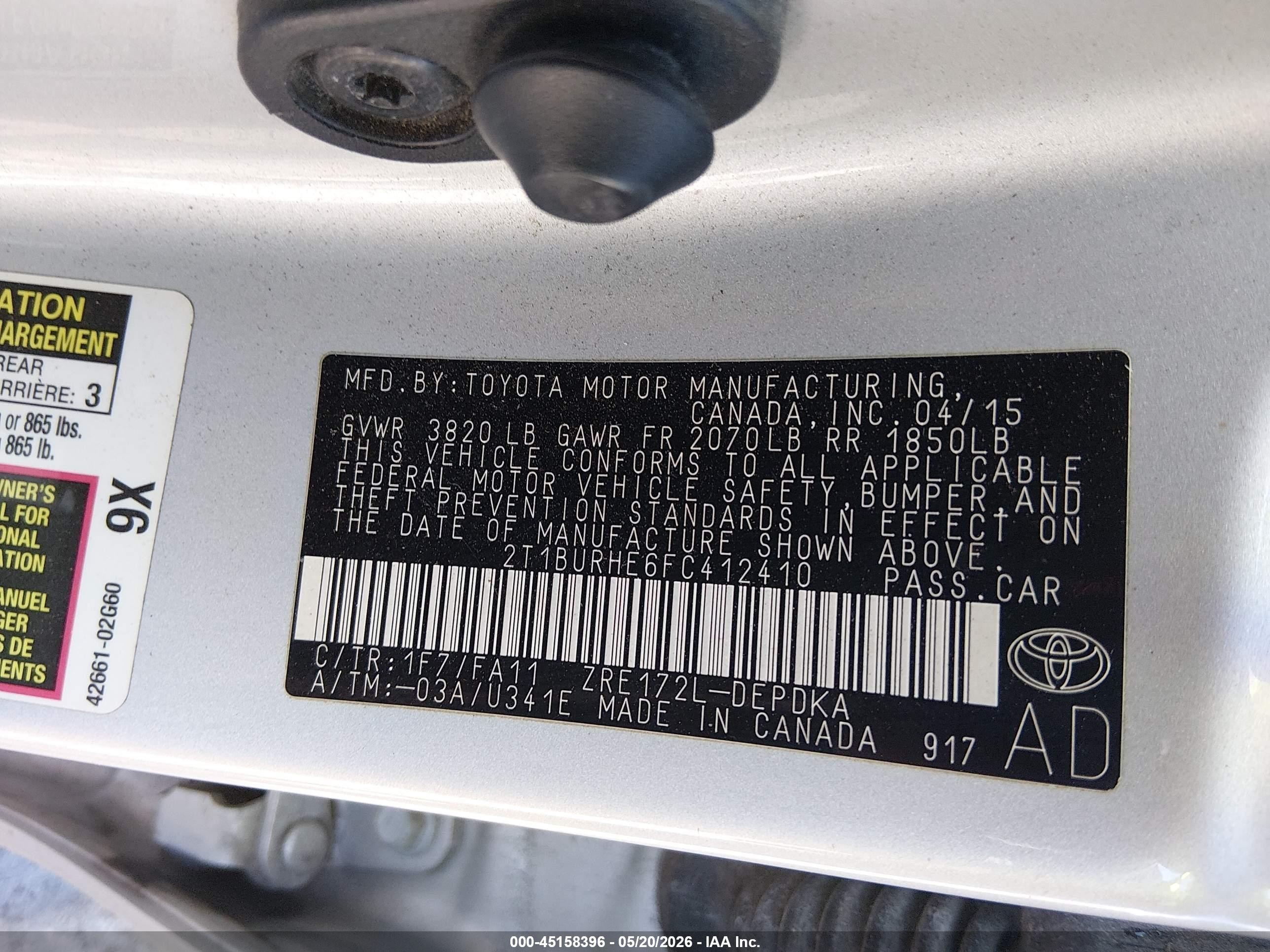 2015 Toyota Corolla L Silver vin: 2T1BURHE6FC412410