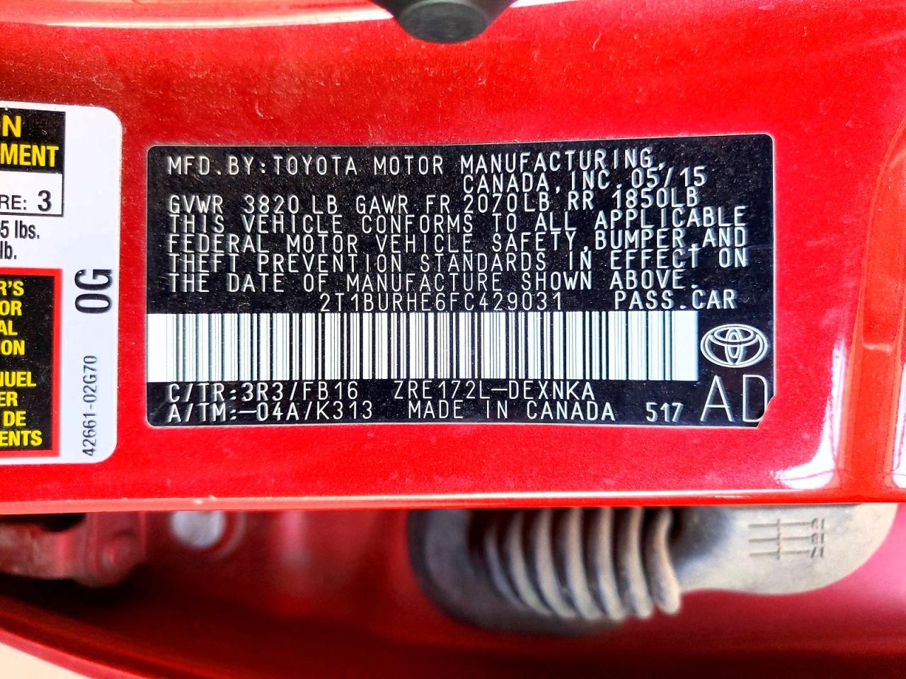 2015 Toyota Corolla Le Красный vin: 2T1BURHE6FC429031