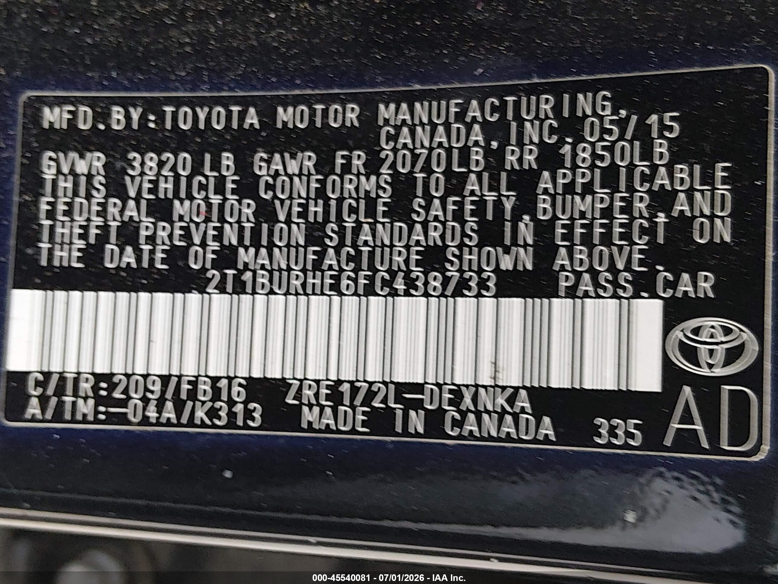 2015 Toyota Corolla Le Black vin: 2T1BURHE6FC438733