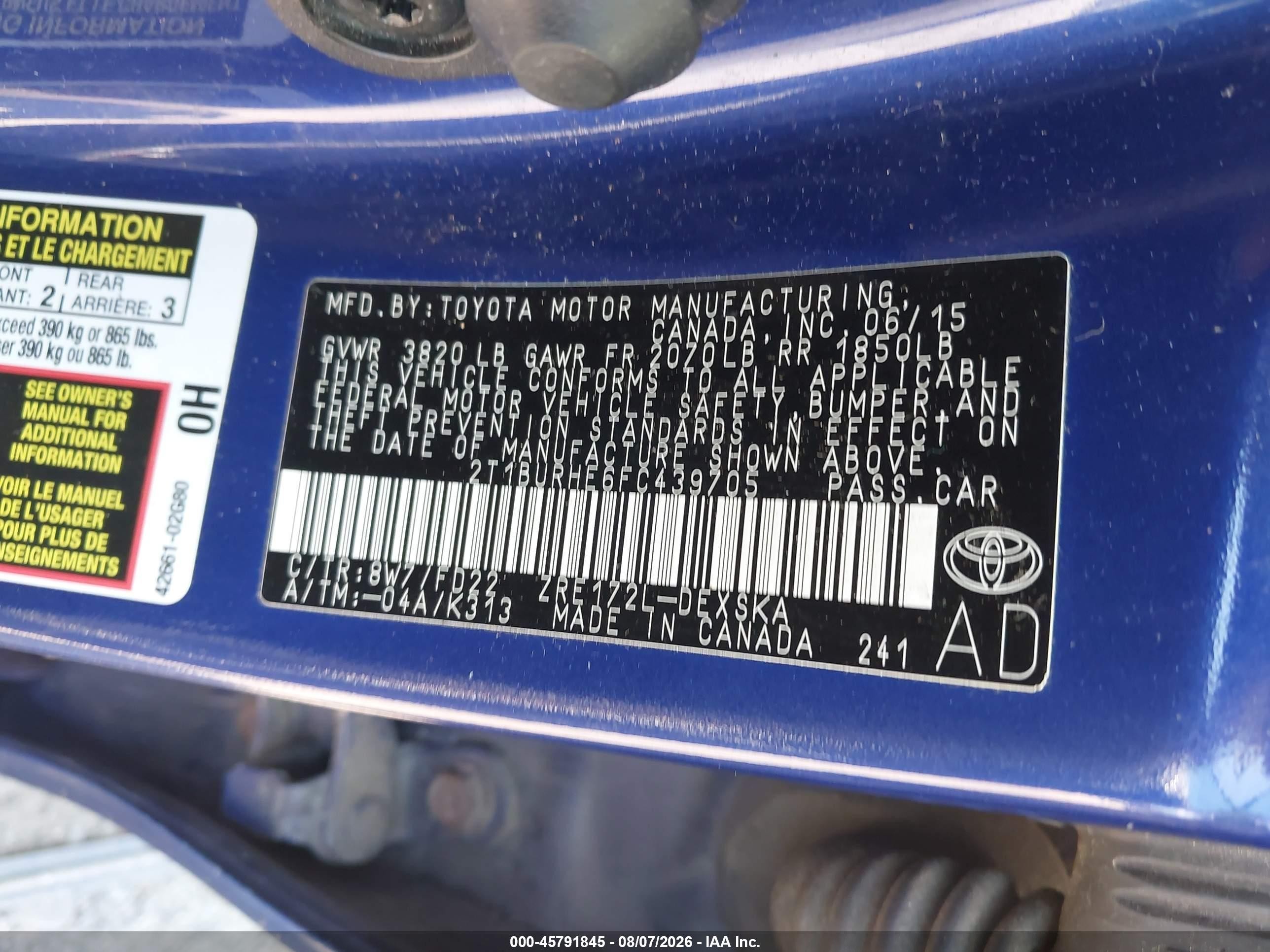 2015 Toyota Corolla S Plus Синий vin: 2T1BURHE6FC439705