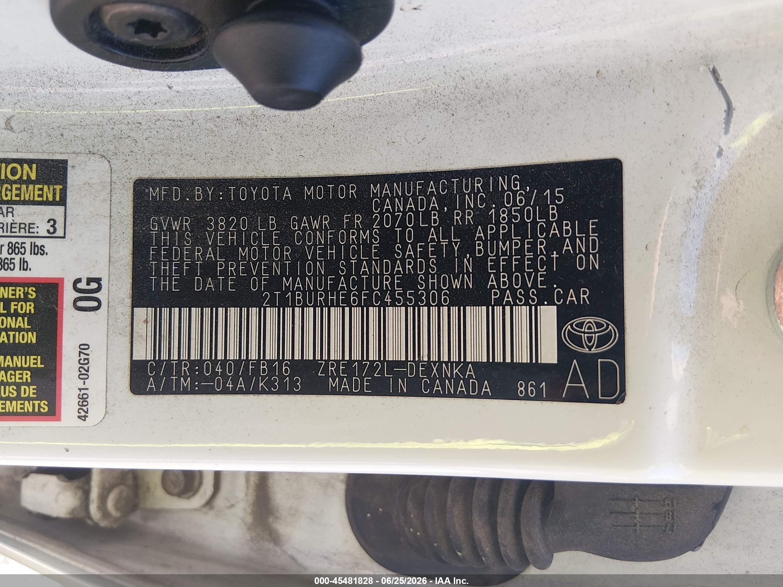 2015 Toyota Corolla Le Белый vin: 2T1BURHE6FC455306