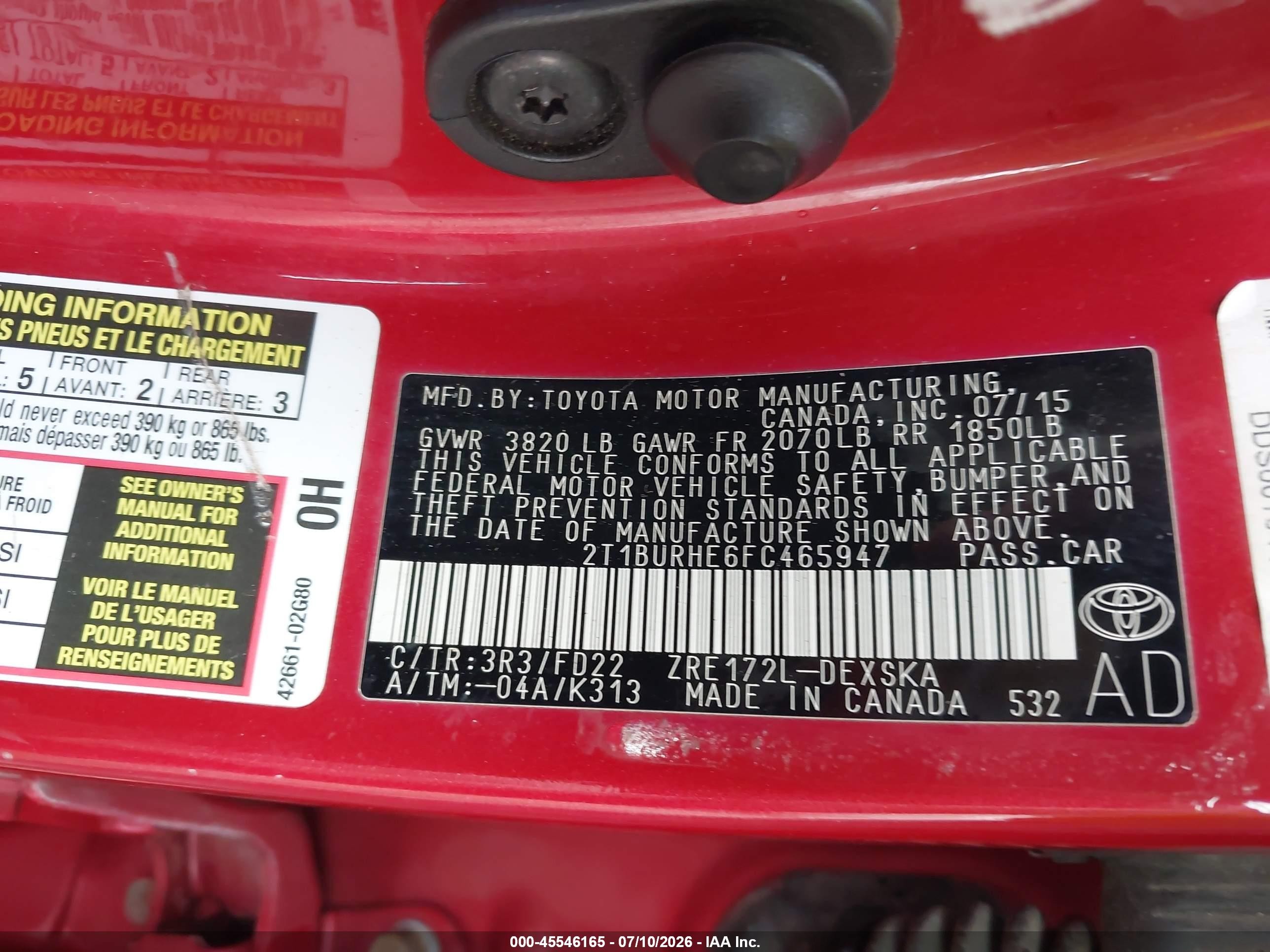 2015 Toyota Corolla S Plus Red vin: 2T1BURHE6FC465947