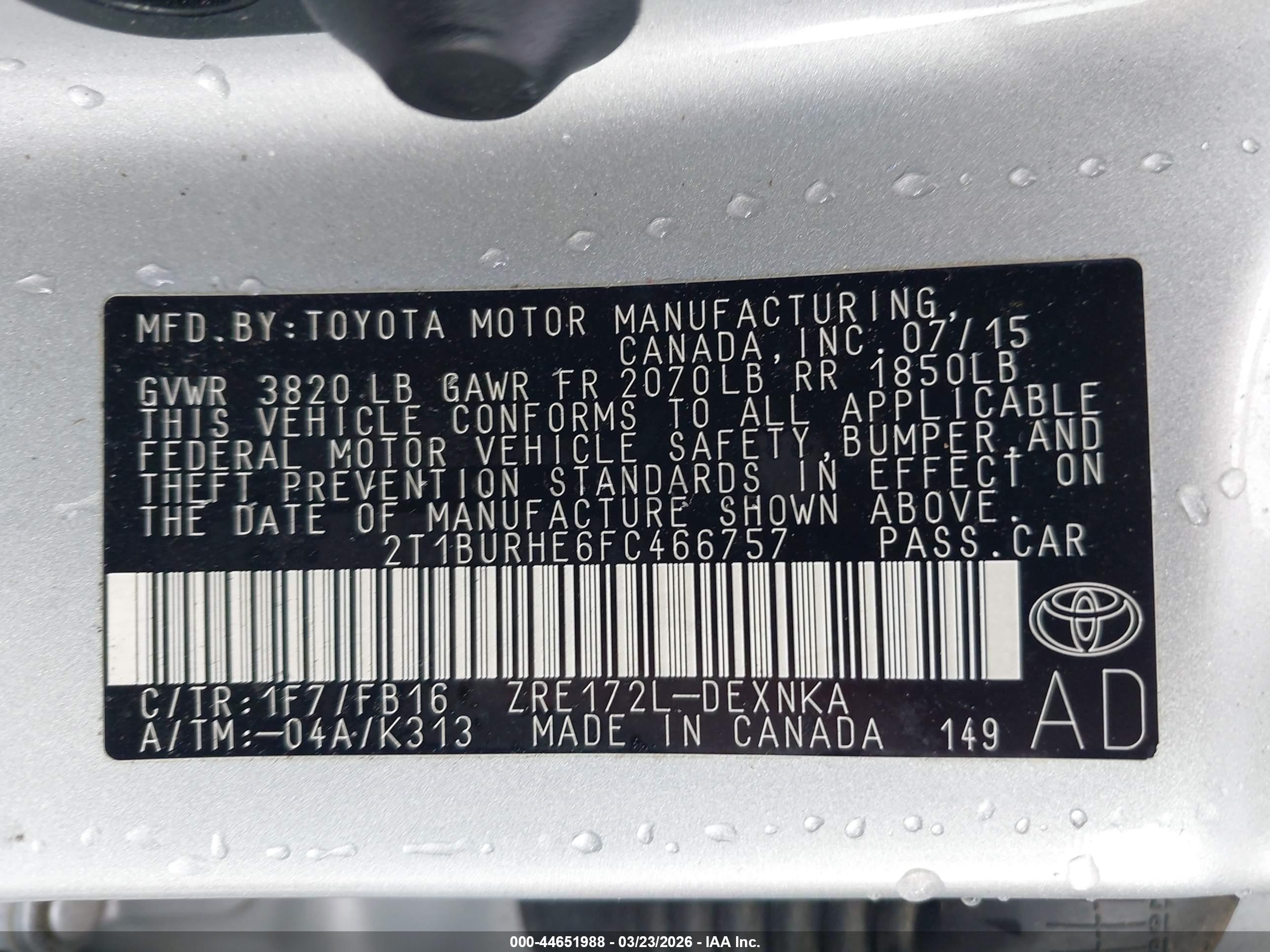 2015 Toyota Corolla Le Plus Silver vin: 2T1BURHE6FC466757