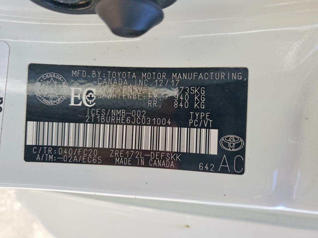 2018 Toyota Corolla L White vin: 2T1BURHE6JC031004