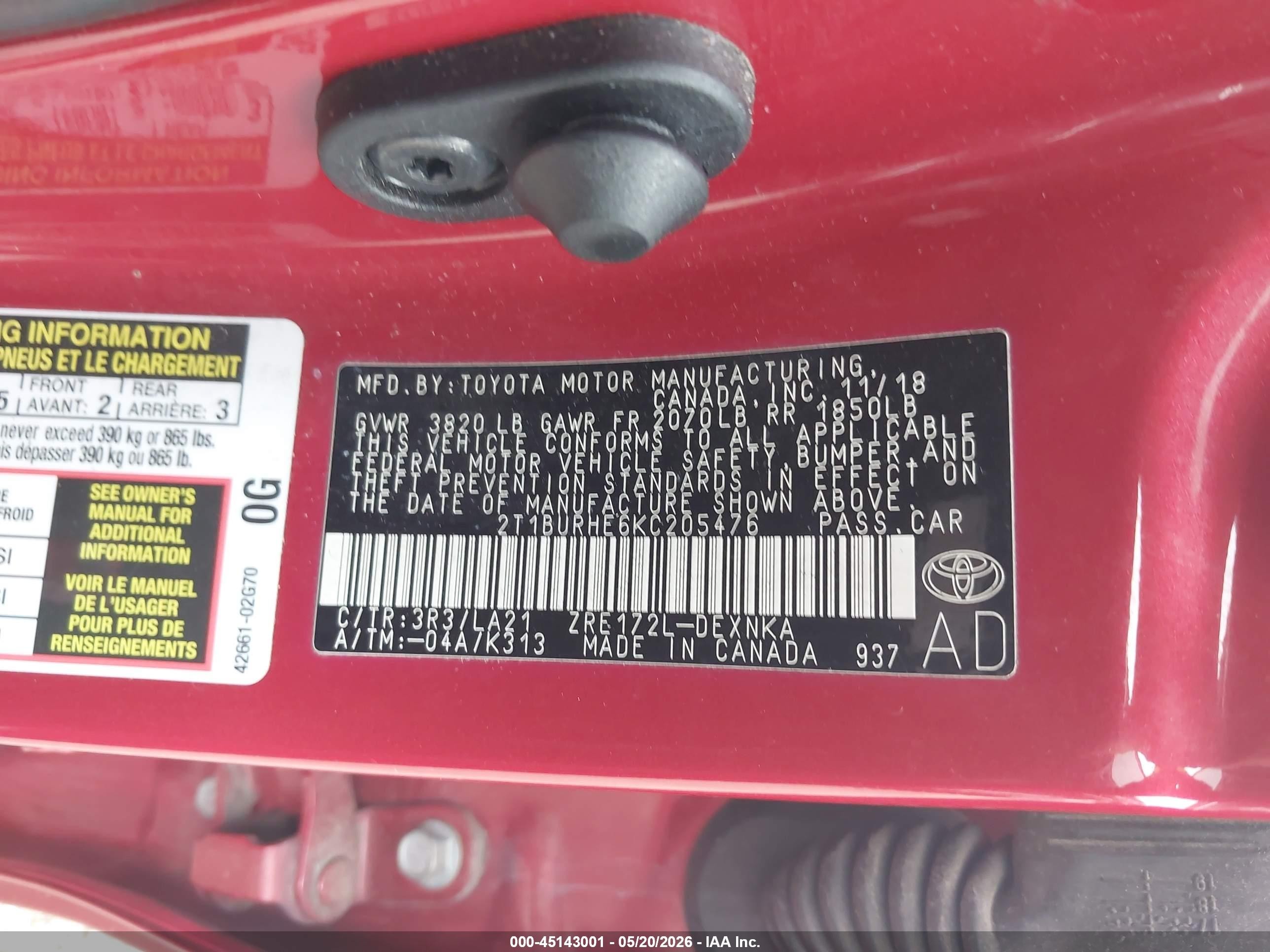 2019 Toyota Corolla Xle Red vin: 2T1BURHE6KC205476