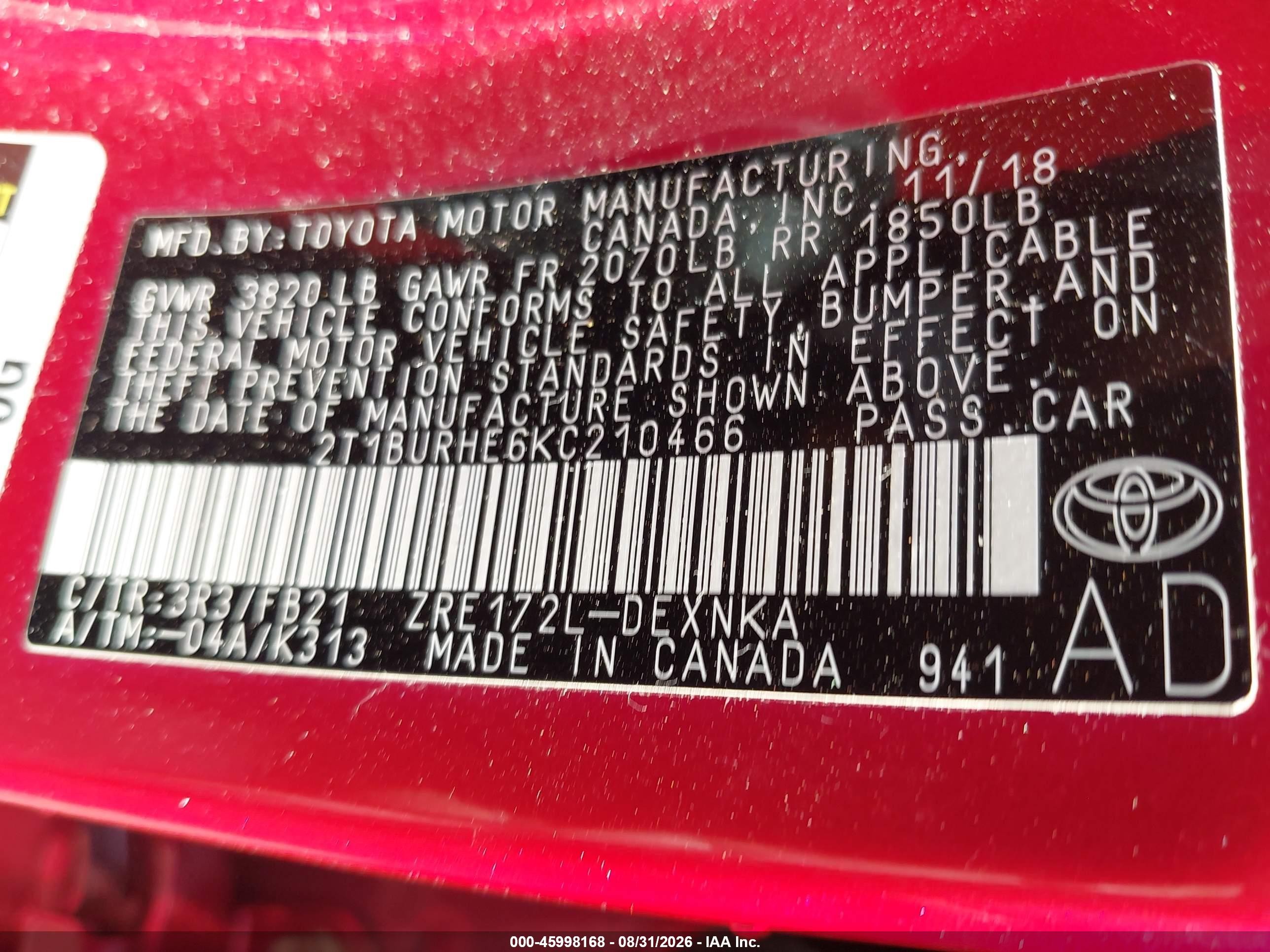 2019 Toyota Corolla Le Red vin: 2T1BURHE6KC210466