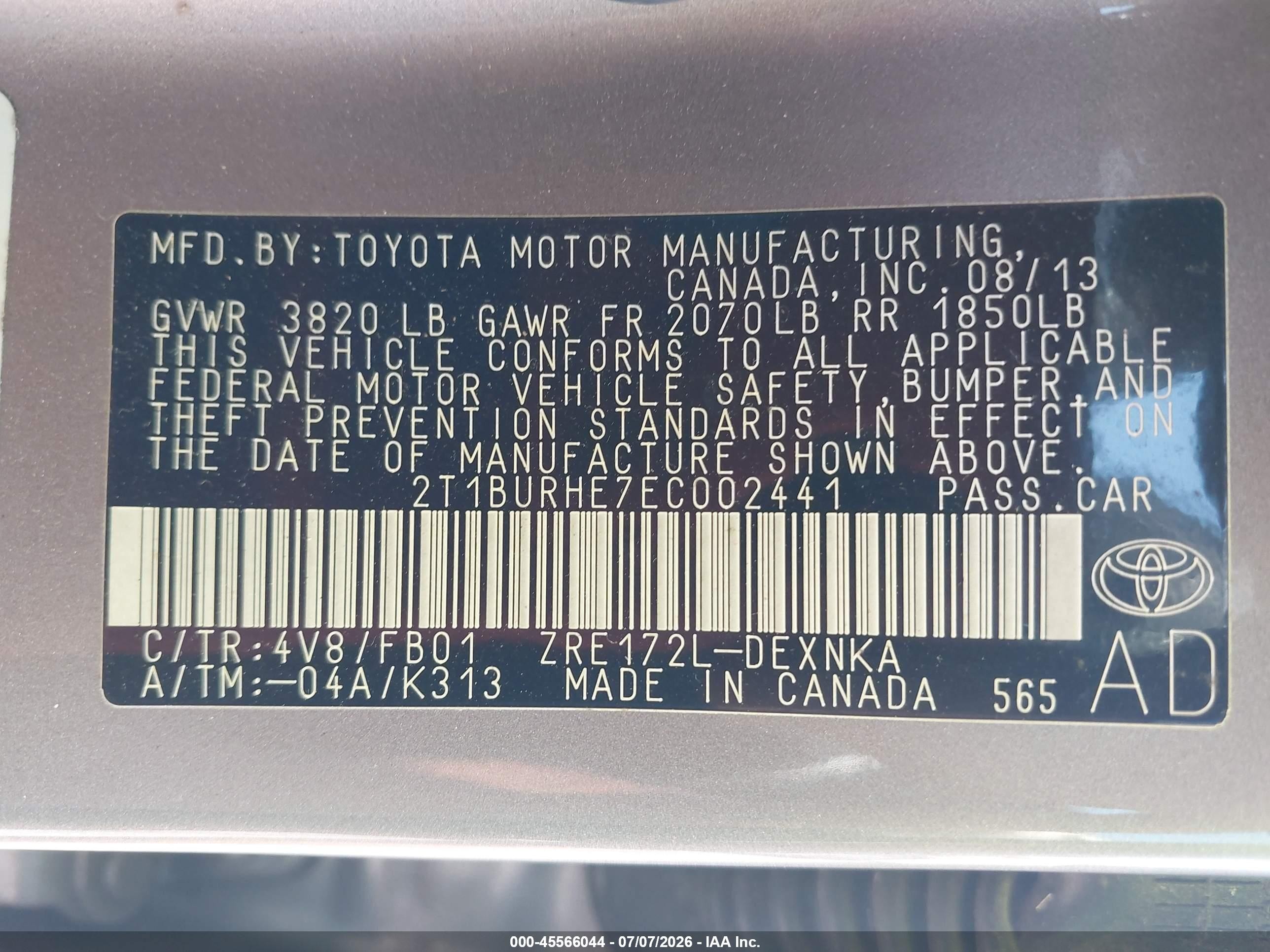 2014 Toyota Corolla Le Plus Tan vin: 2T1BURHE7EC002441