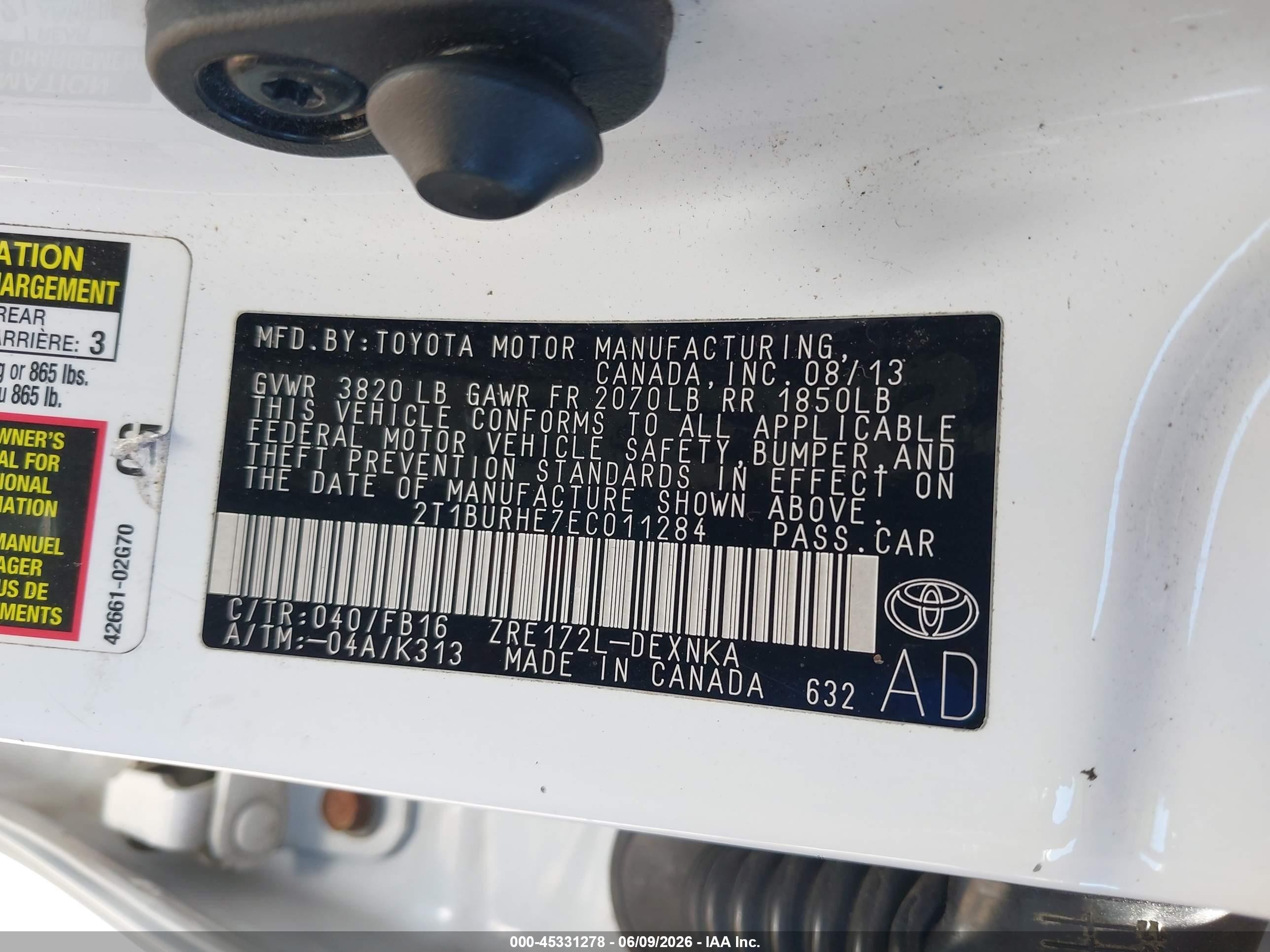 2014 Toyota Corolla Le White vin: 2T1BURHE7EC011284
