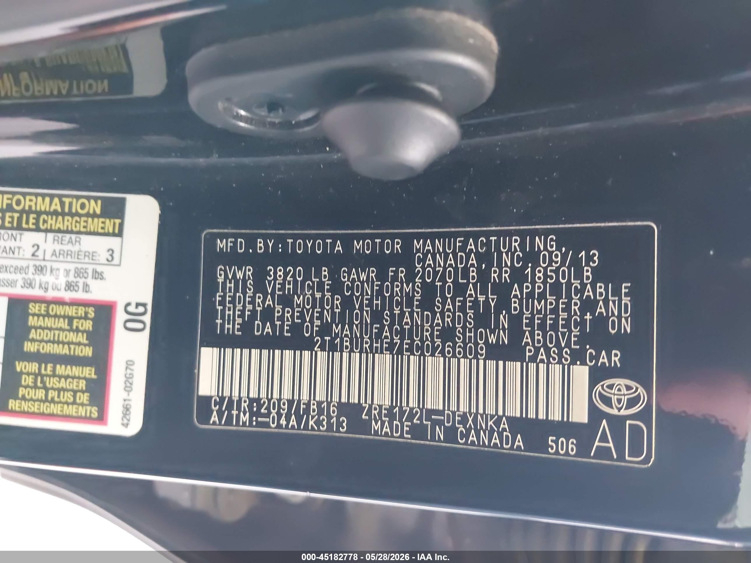 2014 Toyota Corolla Le Black vin: 2T1BURHE7EC026609