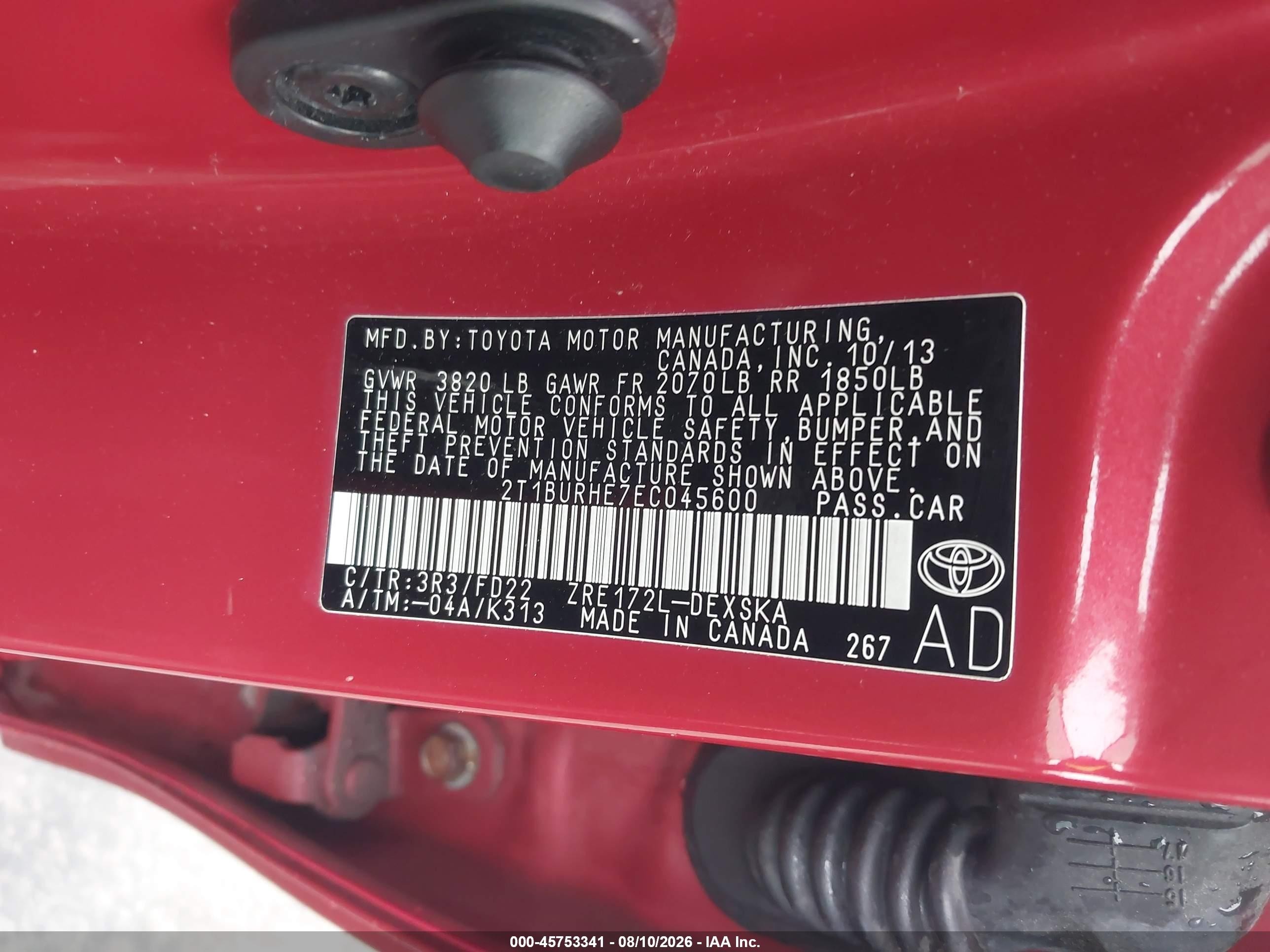 2014 Toyota Corolla S Plus Red vin: 2T1BURHE7EC045600