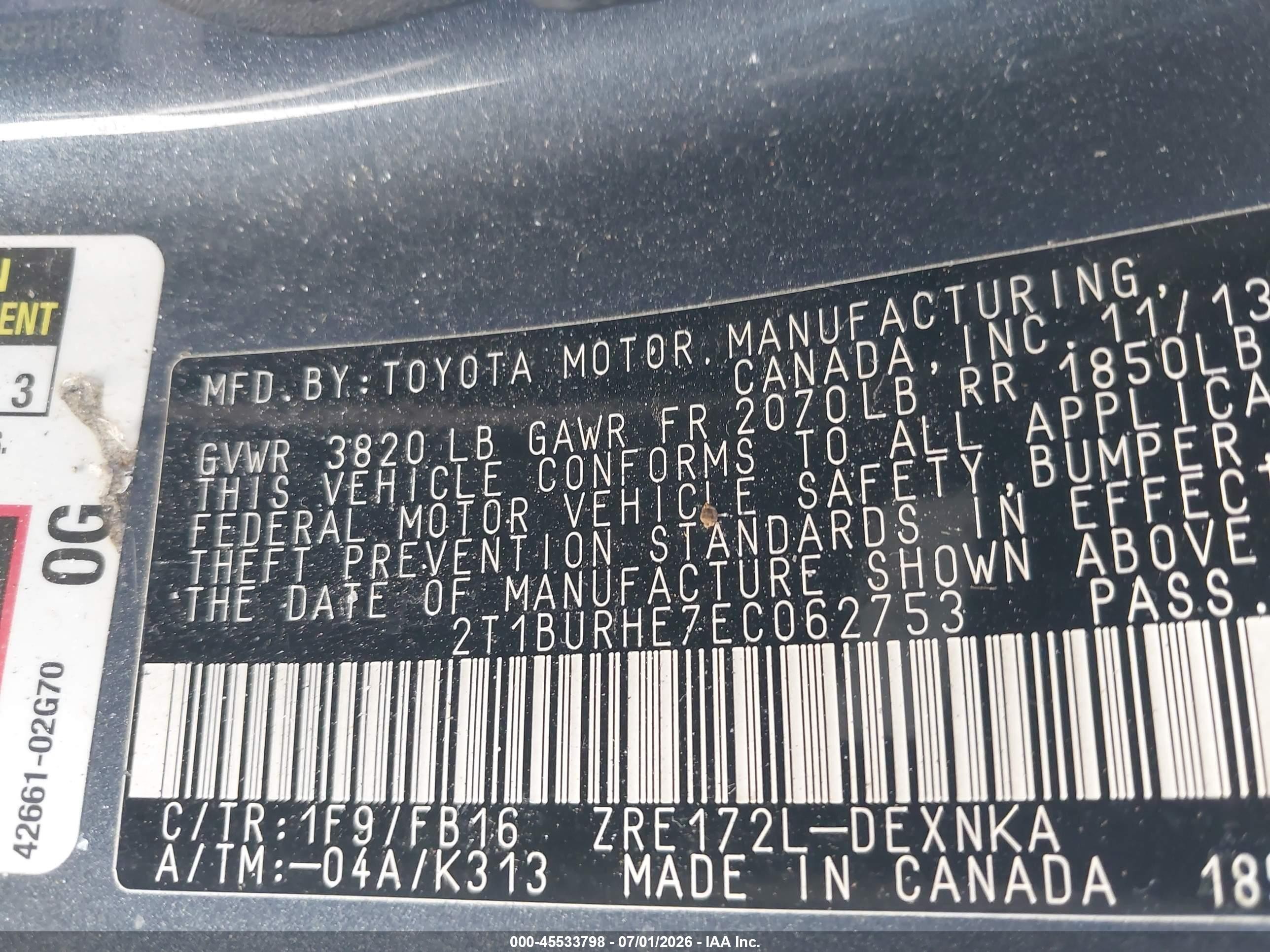 2014 Toyota Corolla Le Gray vin: 2T1BURHE7EC062753