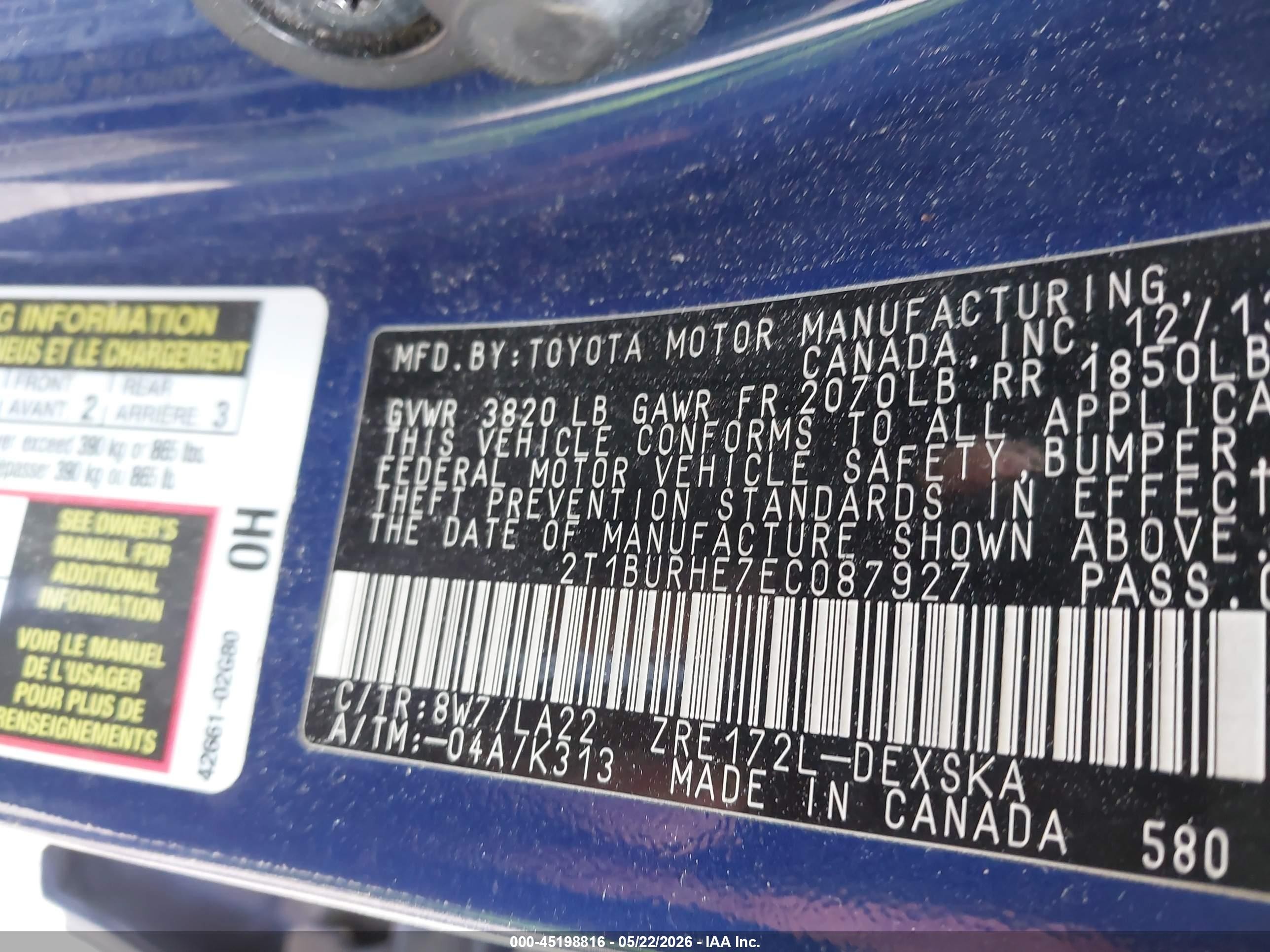 2014 Toyota Corolla S Premium Blue vin: 2T1BURHE7EC087927