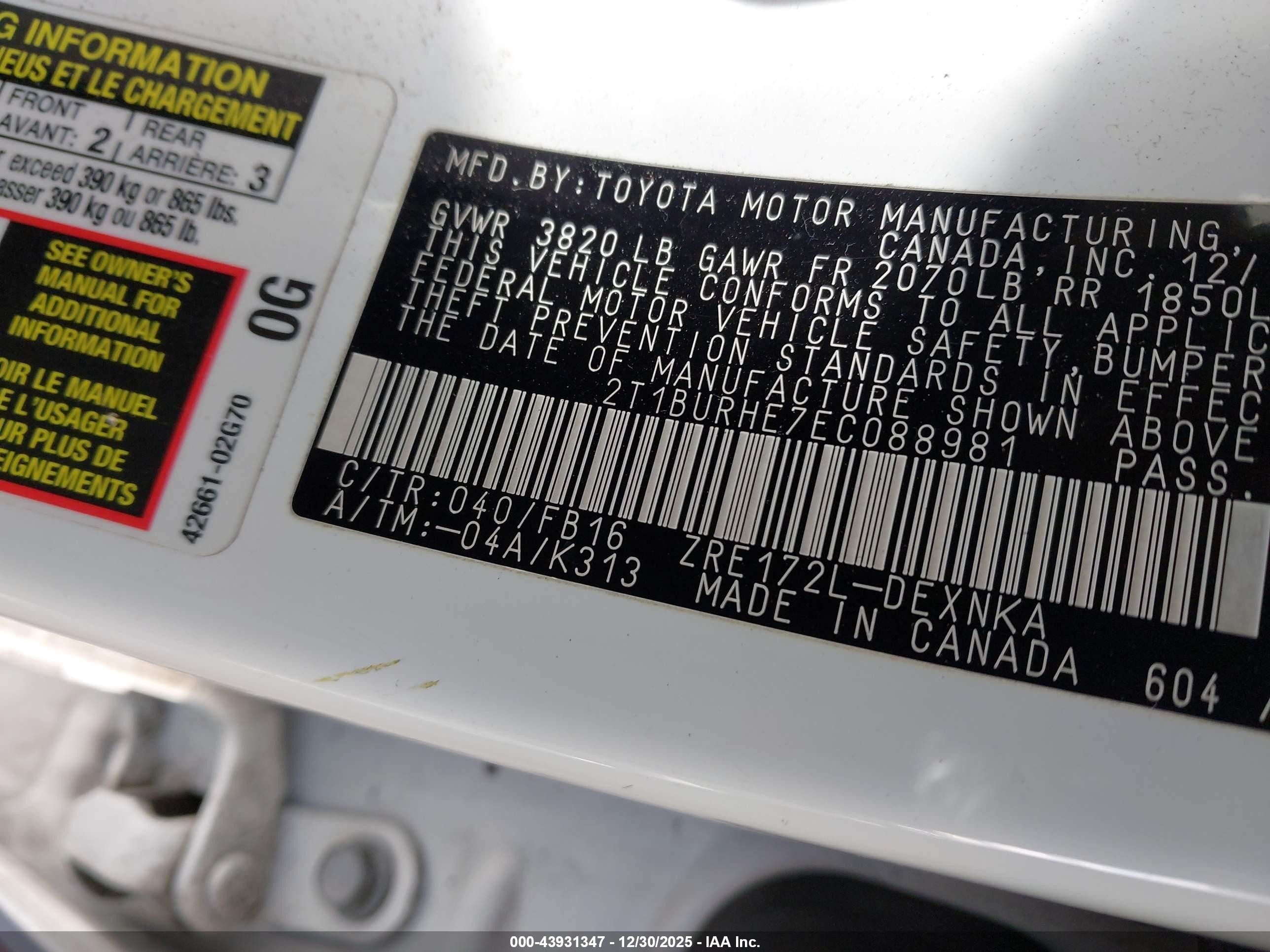 2014 Toyota Corolla Le White vin: 2T1BURHE7EC088981