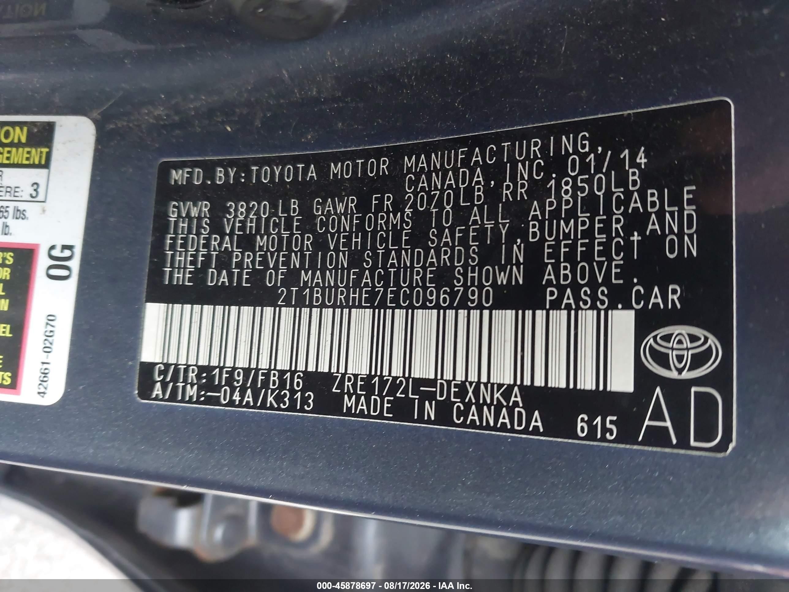 2014 Toyota Corolla Le Gray vin: 2T1BURHE7EC096790