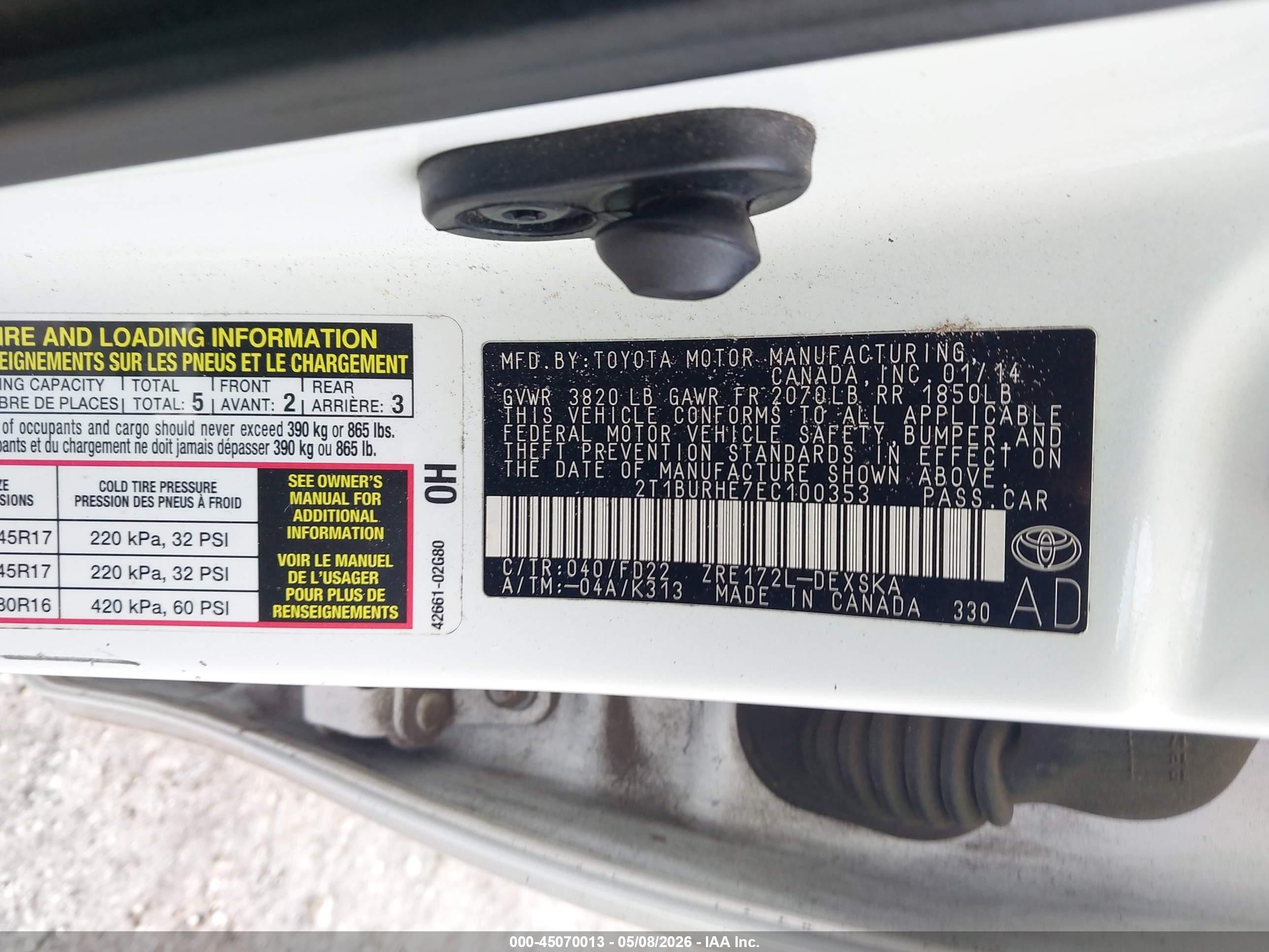 2014 Toyota Corolla S Plus White vin: 2T1BURHE7EC100353