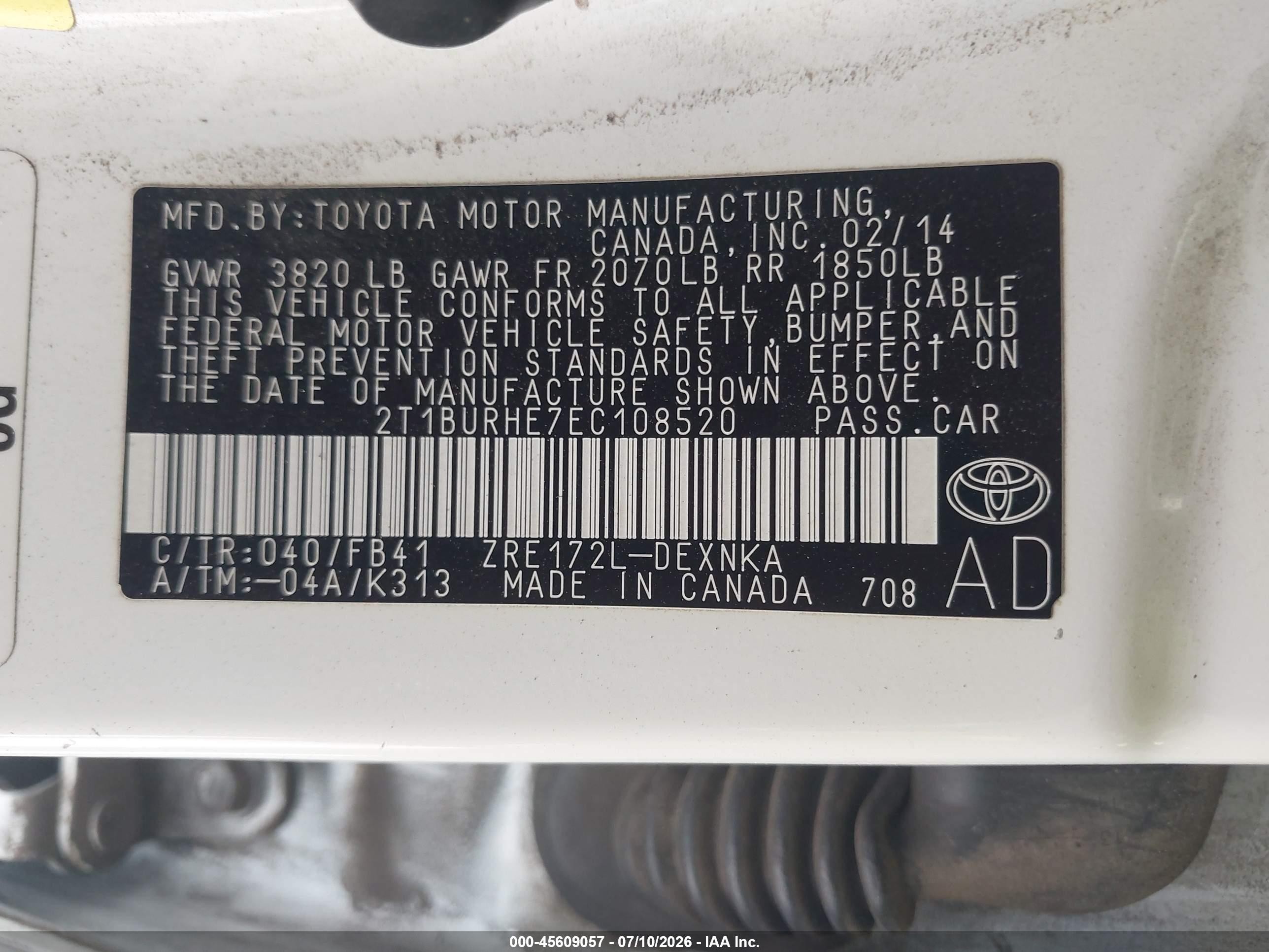 2014 Toyota Corolla Le Plus White vin: 2T1BURHE7EC108520