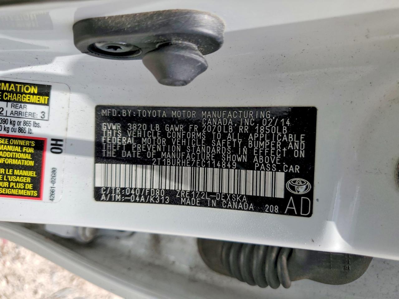 2014 Toyota Corolla L White vin: 2T1BURHE7EC114849