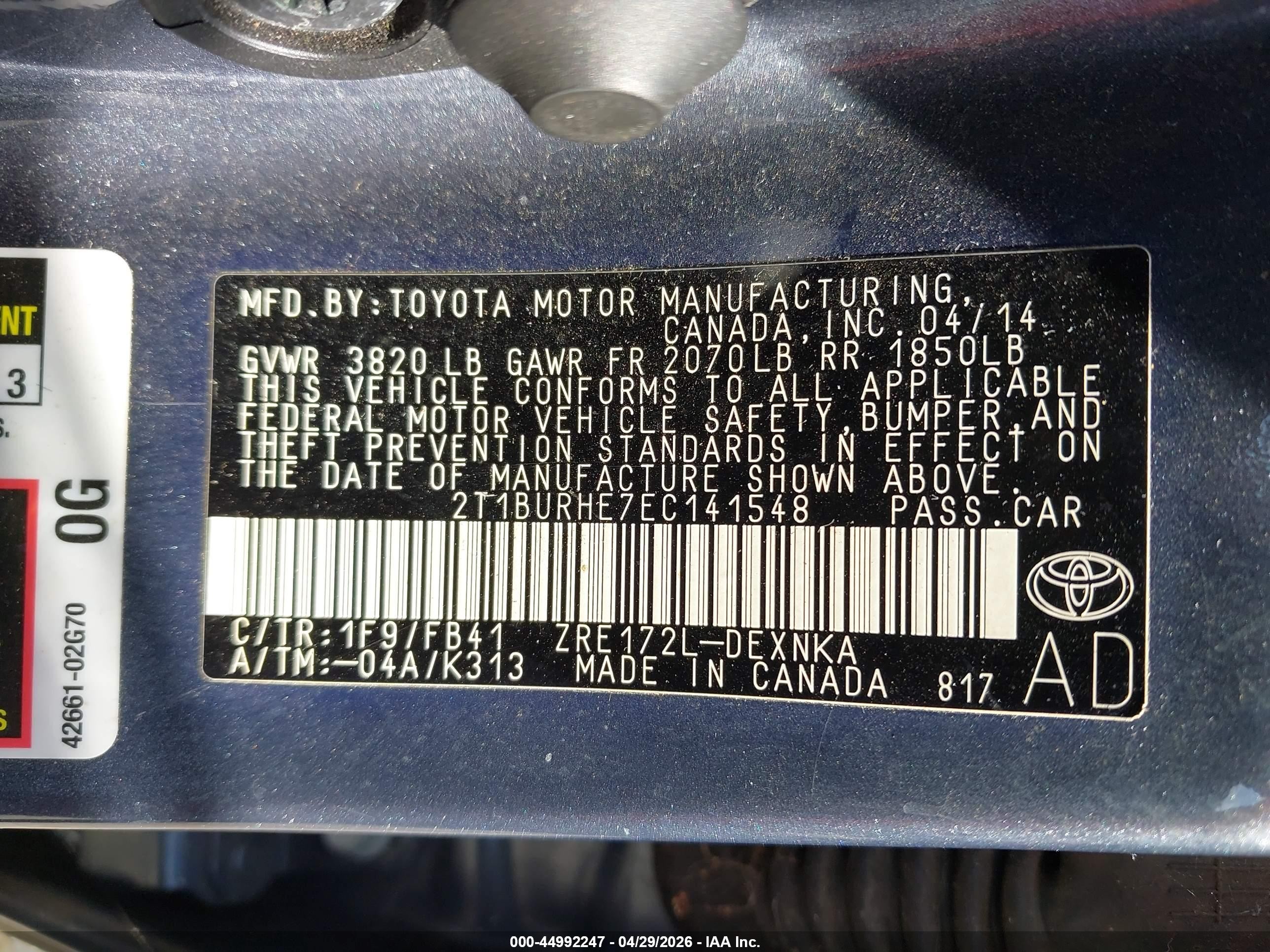 2014 Toyota Corolla Le Blue vin: 2T1BURHE7EC141548
