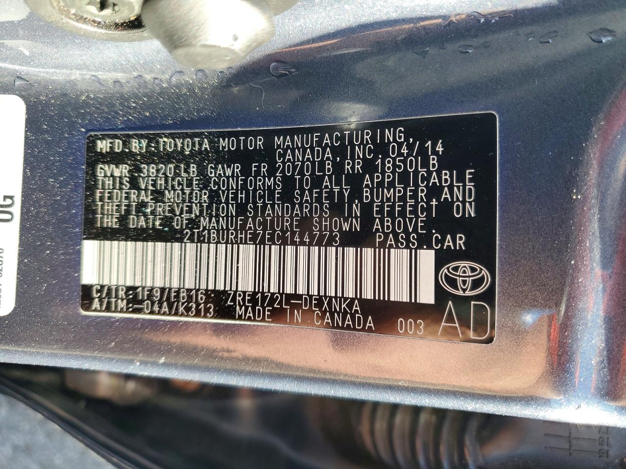 2014 Toyota Corolla Le Charcoal vin: 2T1BURHE7EC144773
