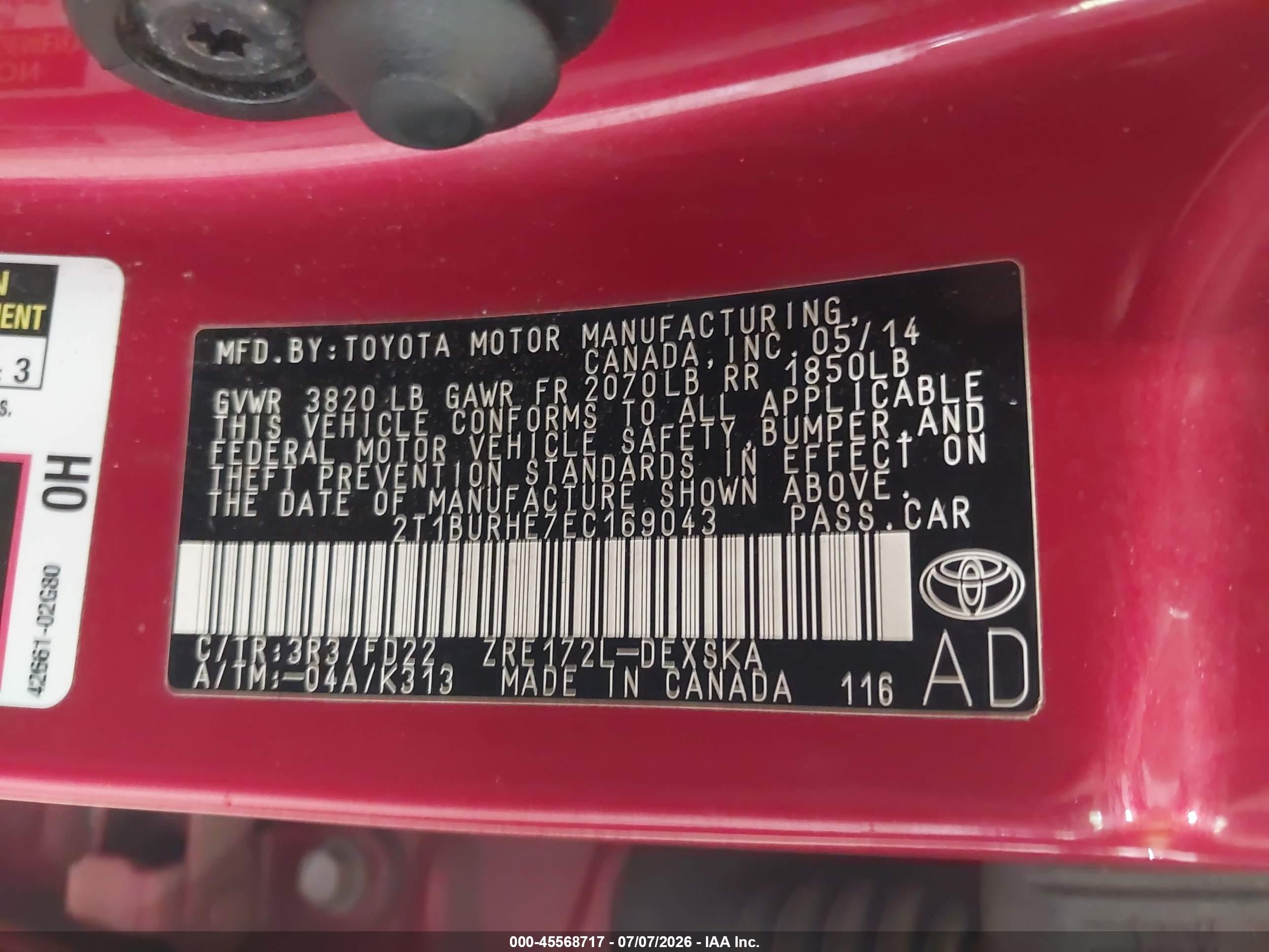 2014 Toyota Corolla S Plus Red vin: 2T1BURHE7EC169043