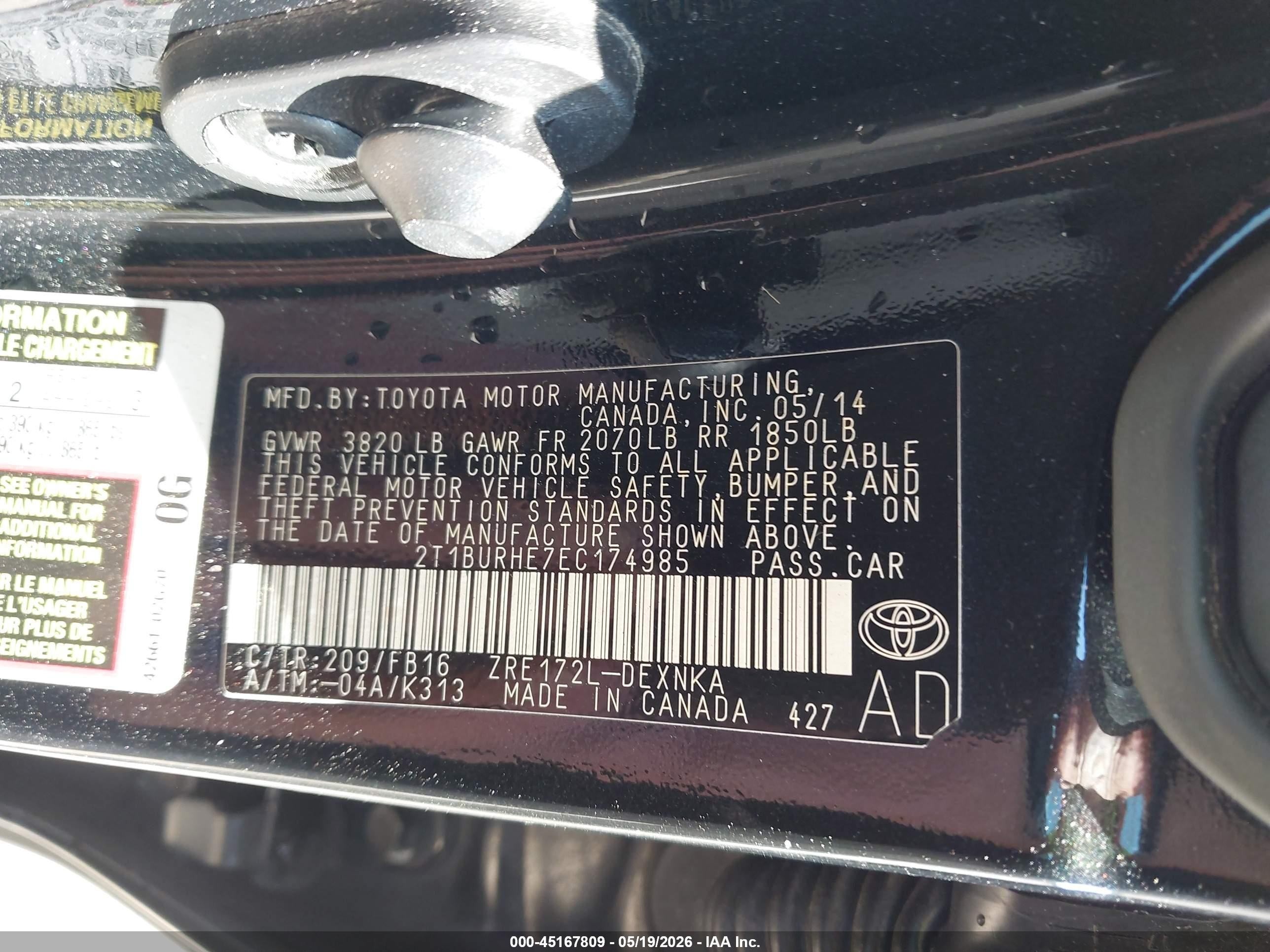 2014 Toyota Corolla Le Black vin: 2T1BURHE7EC174985
