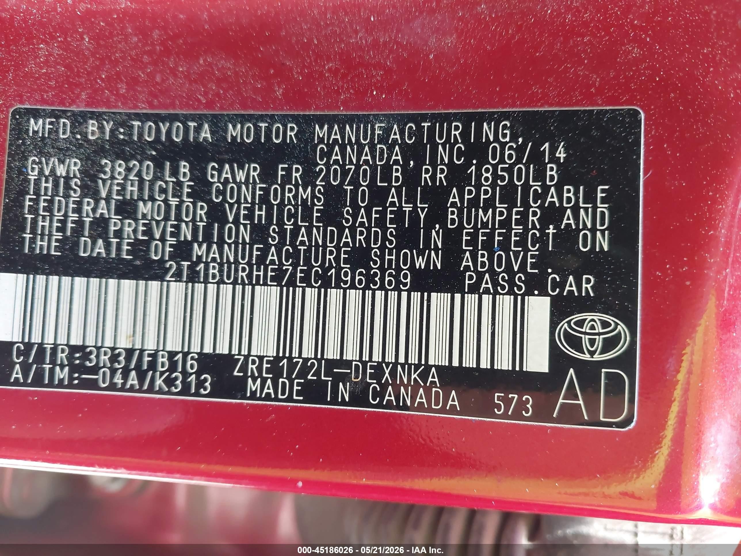 2014 Toyota Corolla Le Red vin: 2T1BURHE7EC196369