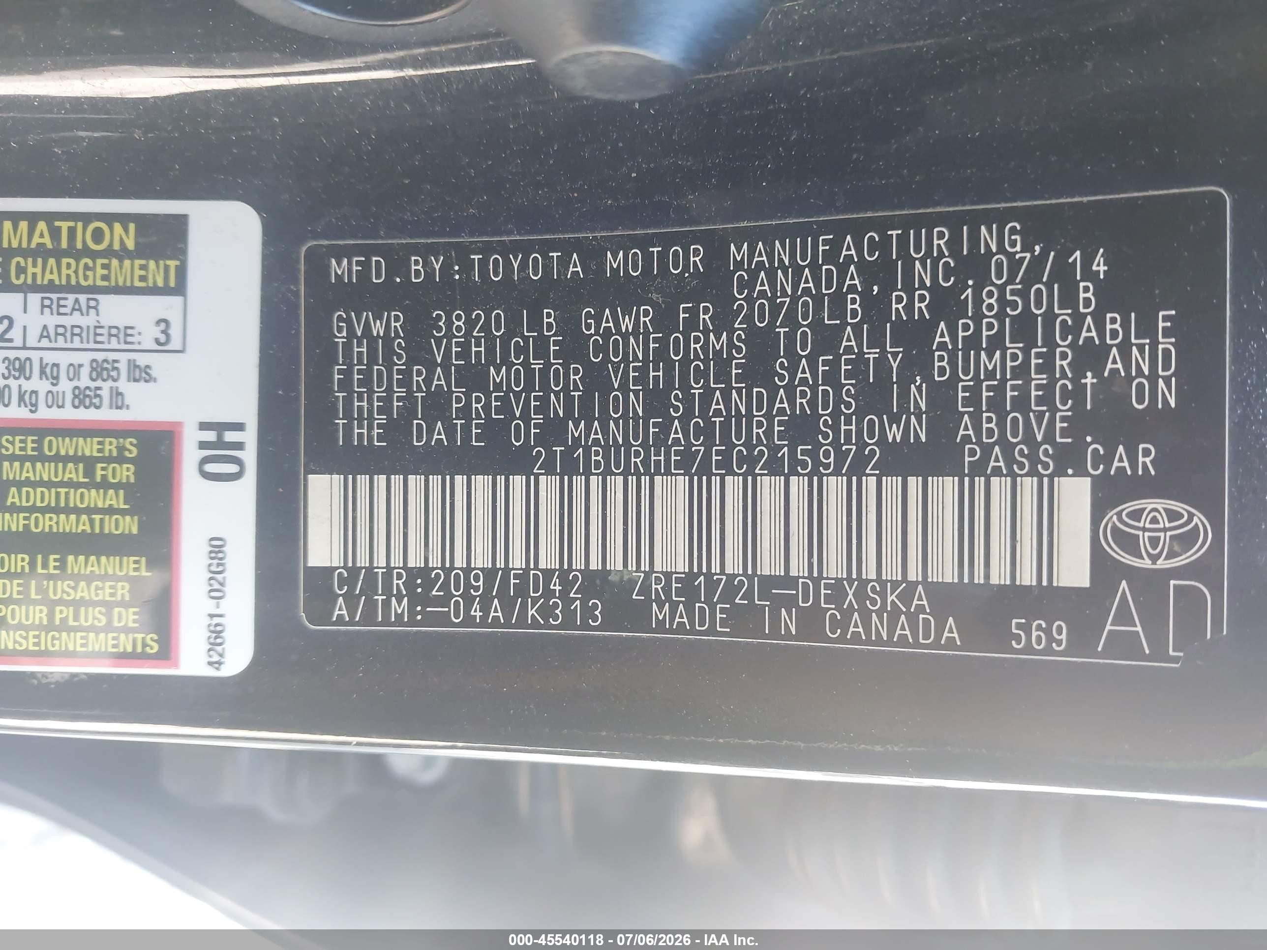 2014 Toyota Corolla S Plus Black vin: 2T1BURHE7EC215972