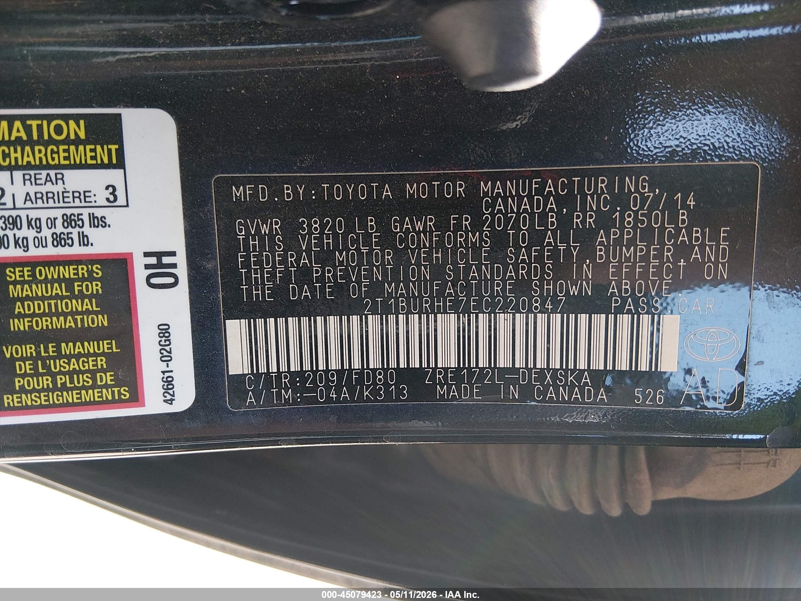 2014 Toyota Corolla S Plus Черный vin: 2T1BURHE7EC220847